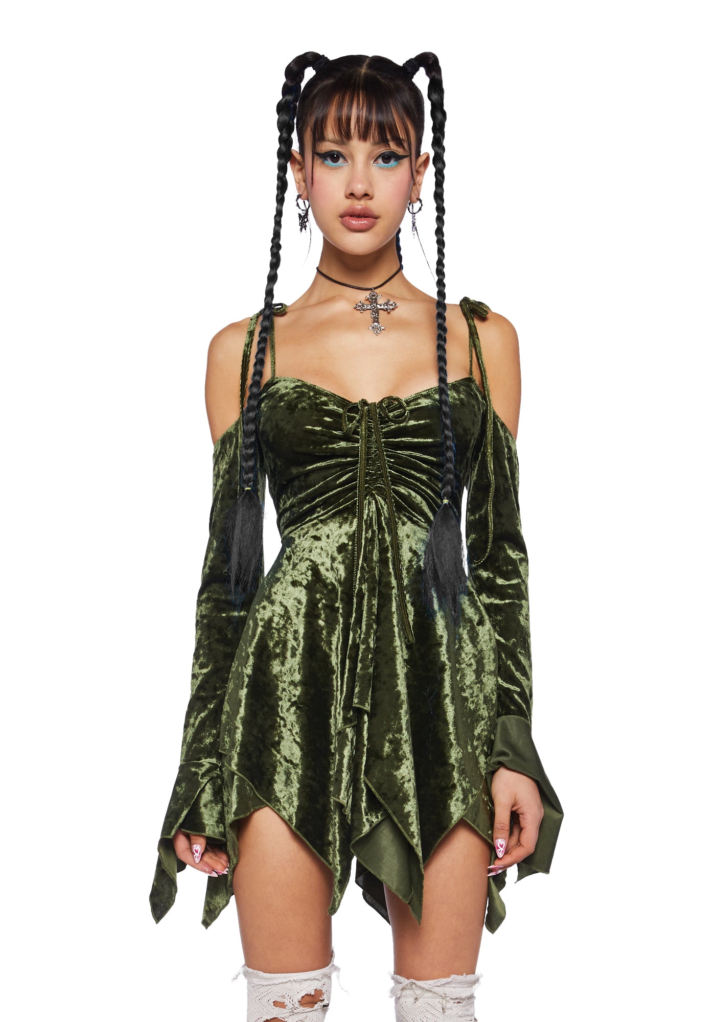 Current Mood Off The Shoulder Handkerchief Velvet Mini Dress