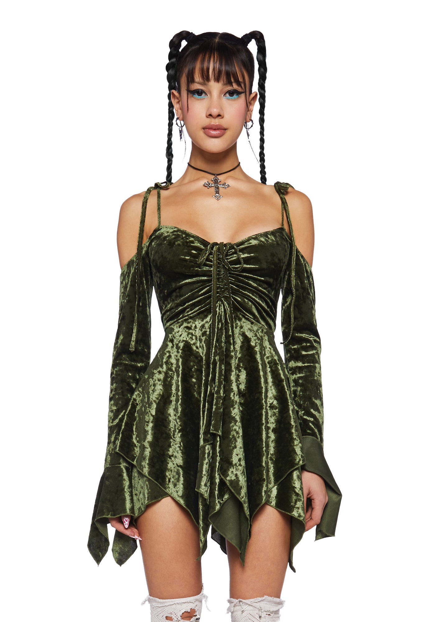 Current Mood Off The Shoulder Handkerchief Velvet Mini Dress