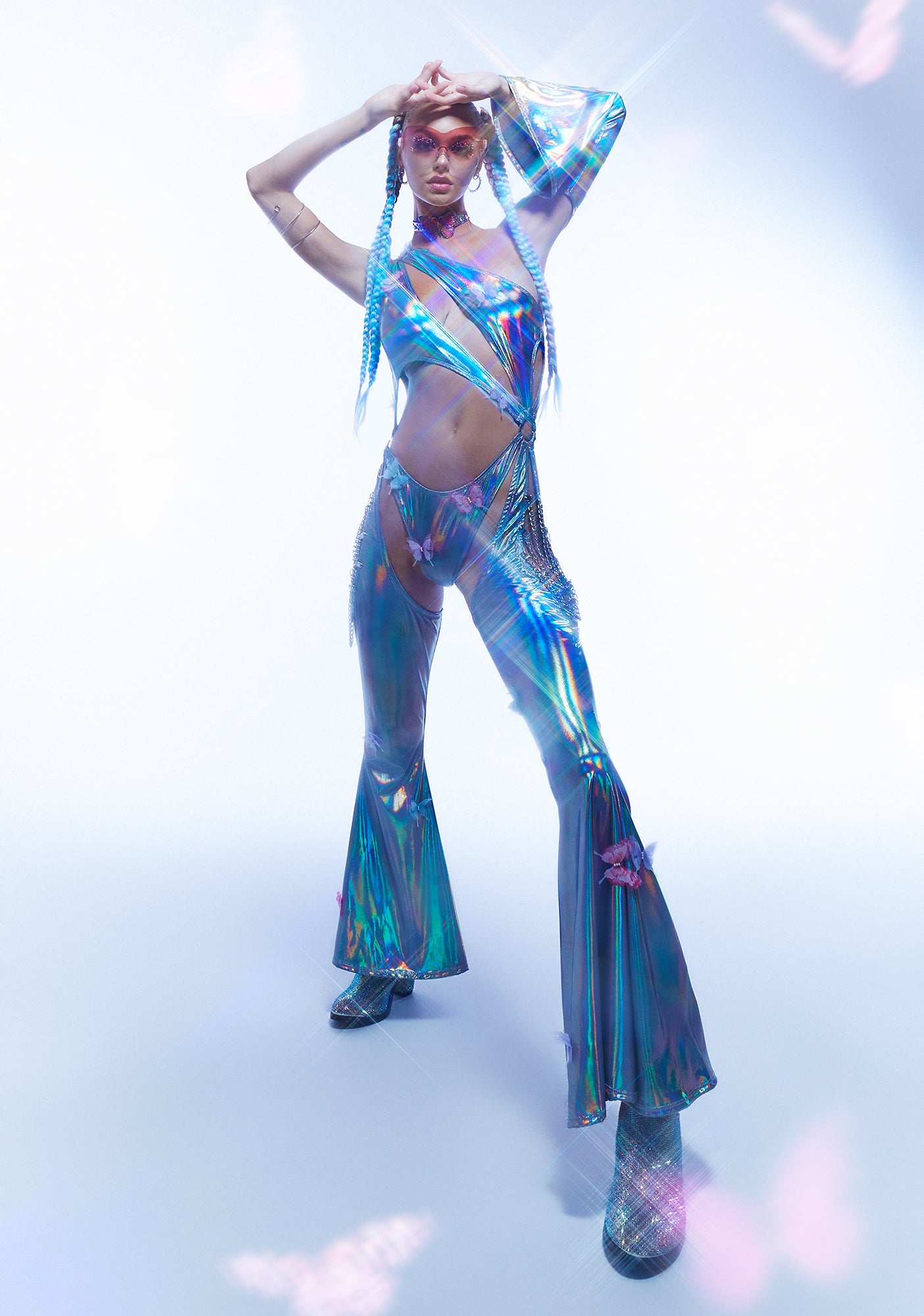 Club Exx Metallic Holo Butterfly Cut-Out Chain Catsuit -Multi