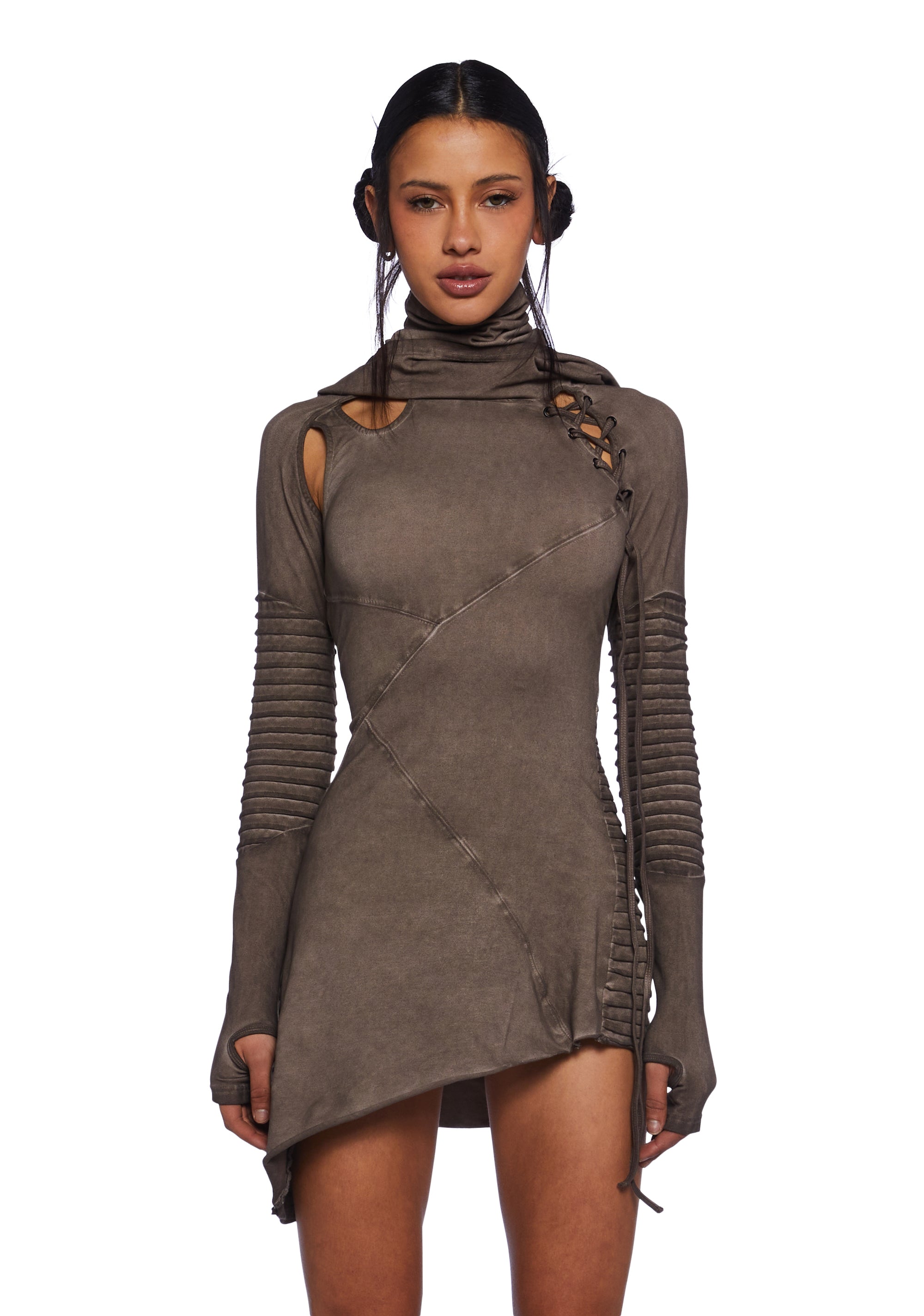 Darker Wavs Hooded Mini Dress With Pintuck Detailing - Brown  Dolls Kill