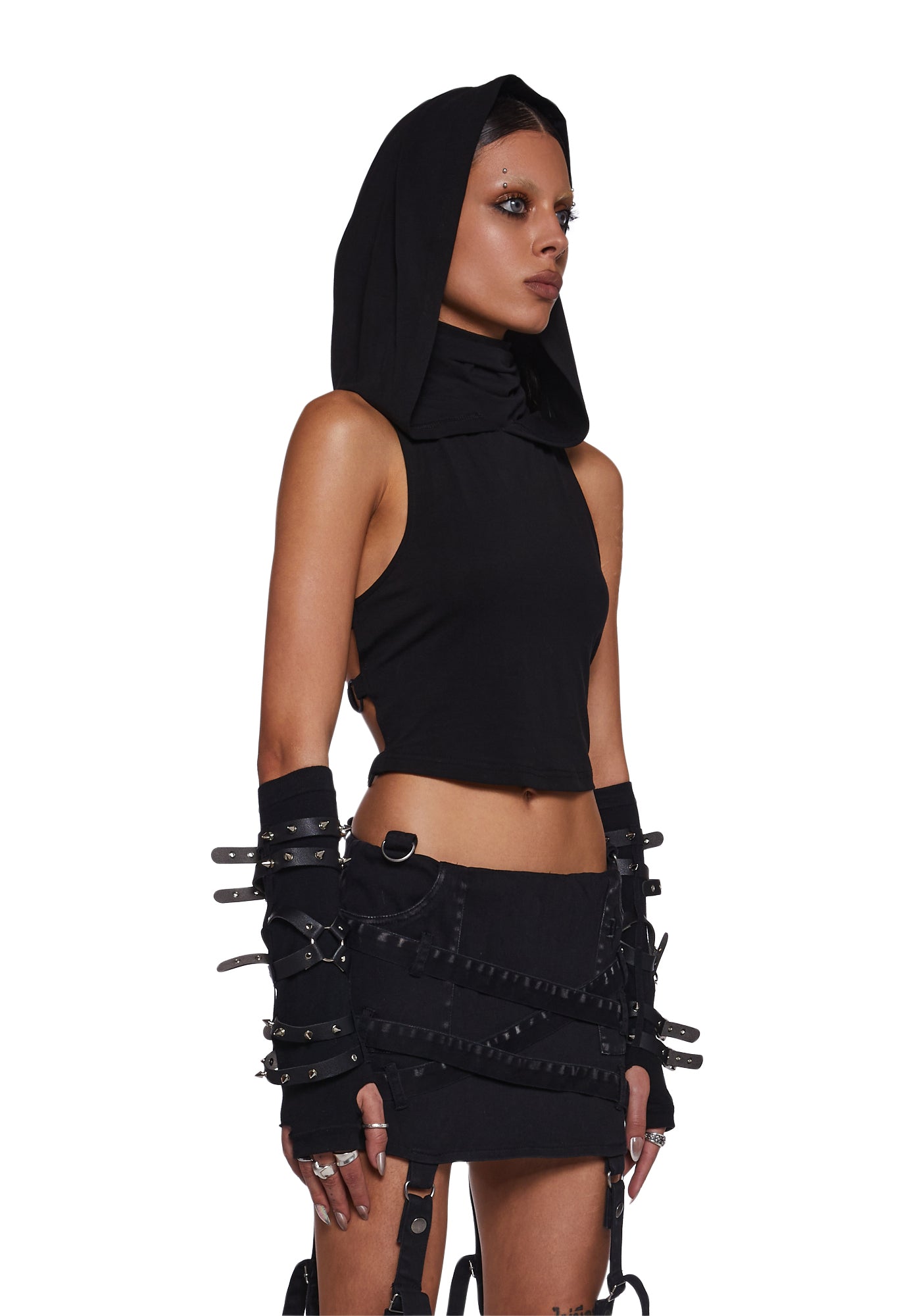 Darker Wavs Hooded Top With Cage Details - Black – Dolls Kill