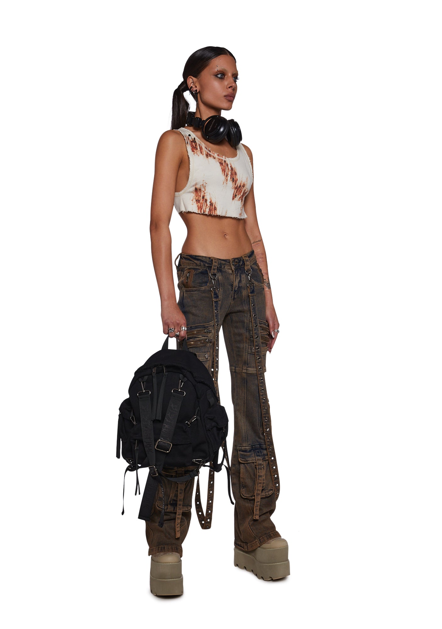 Darker Wavs Aurora Washed Denim Strappy Cargo Pants With