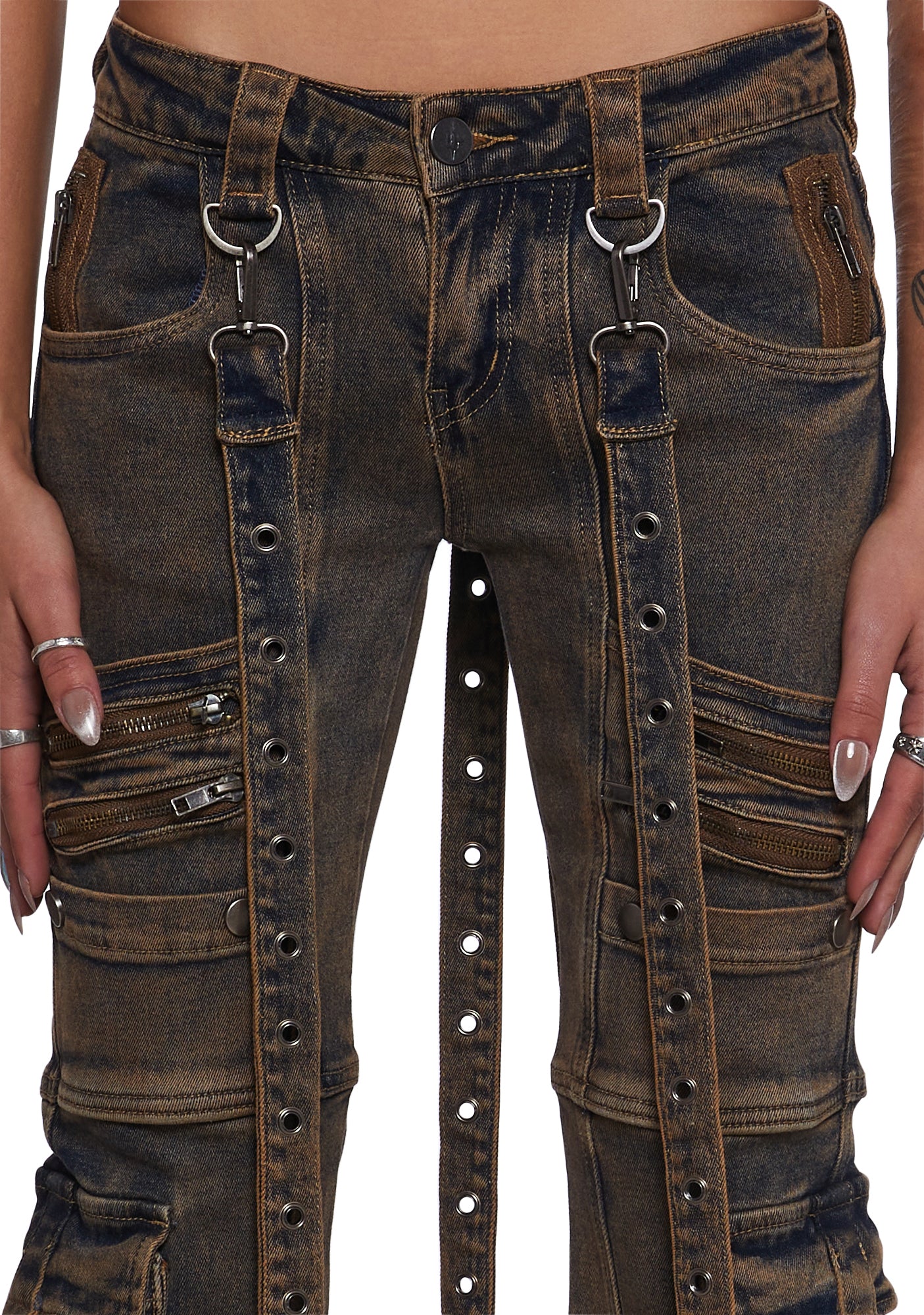 Darker Wavs Aurora Washed Denim Strappy Cargo Pants With