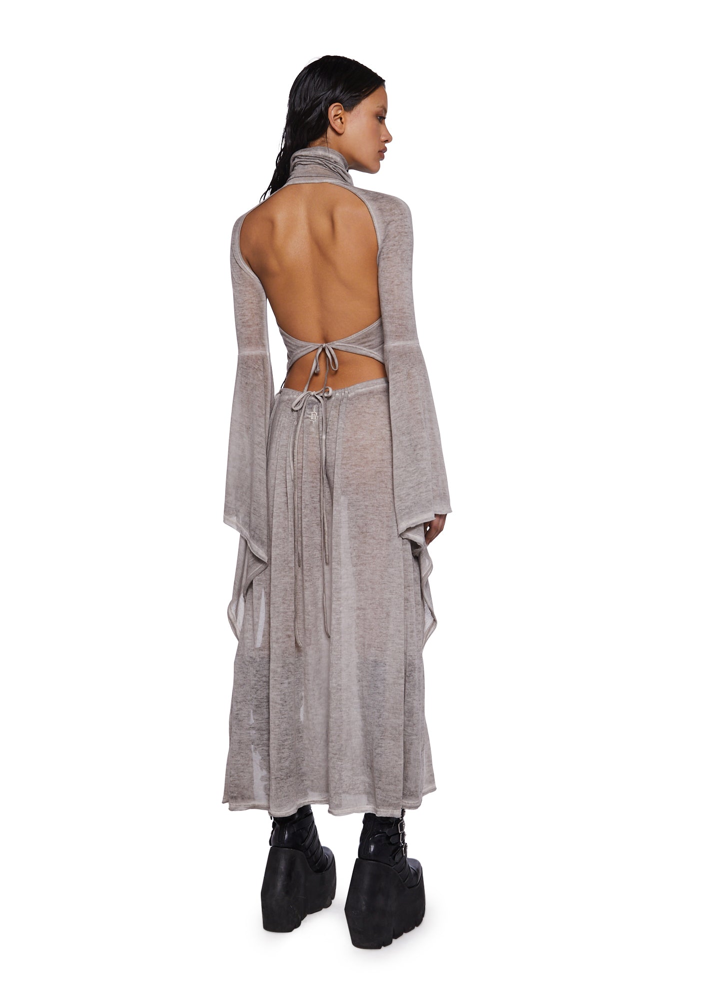 Darker Wavs Semi Sheer Jersey Maxi Dres With Bell Sleeves