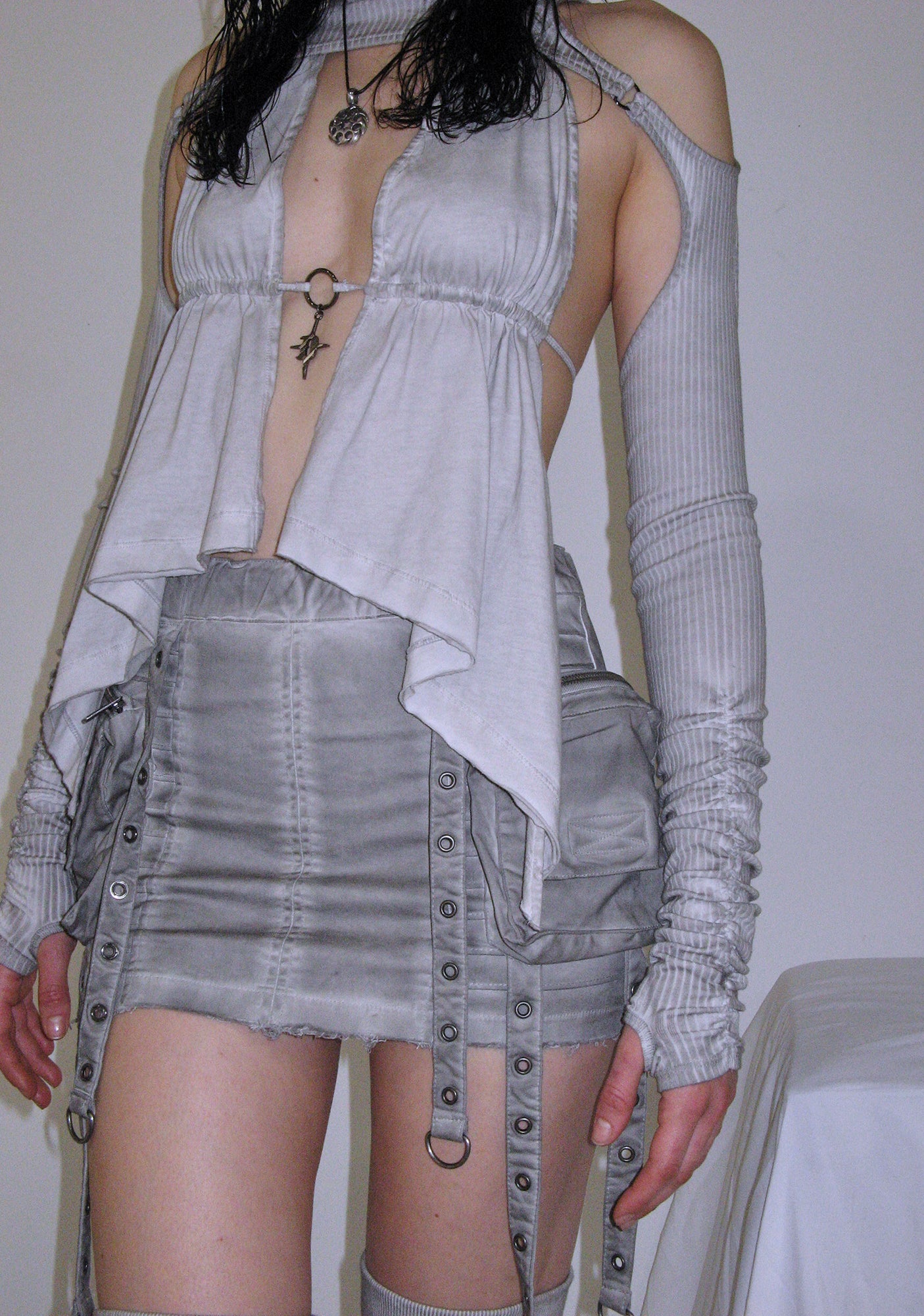 Darker Wavs Washed Cargo Mini Skirt With Pockets And Straps - Gray
