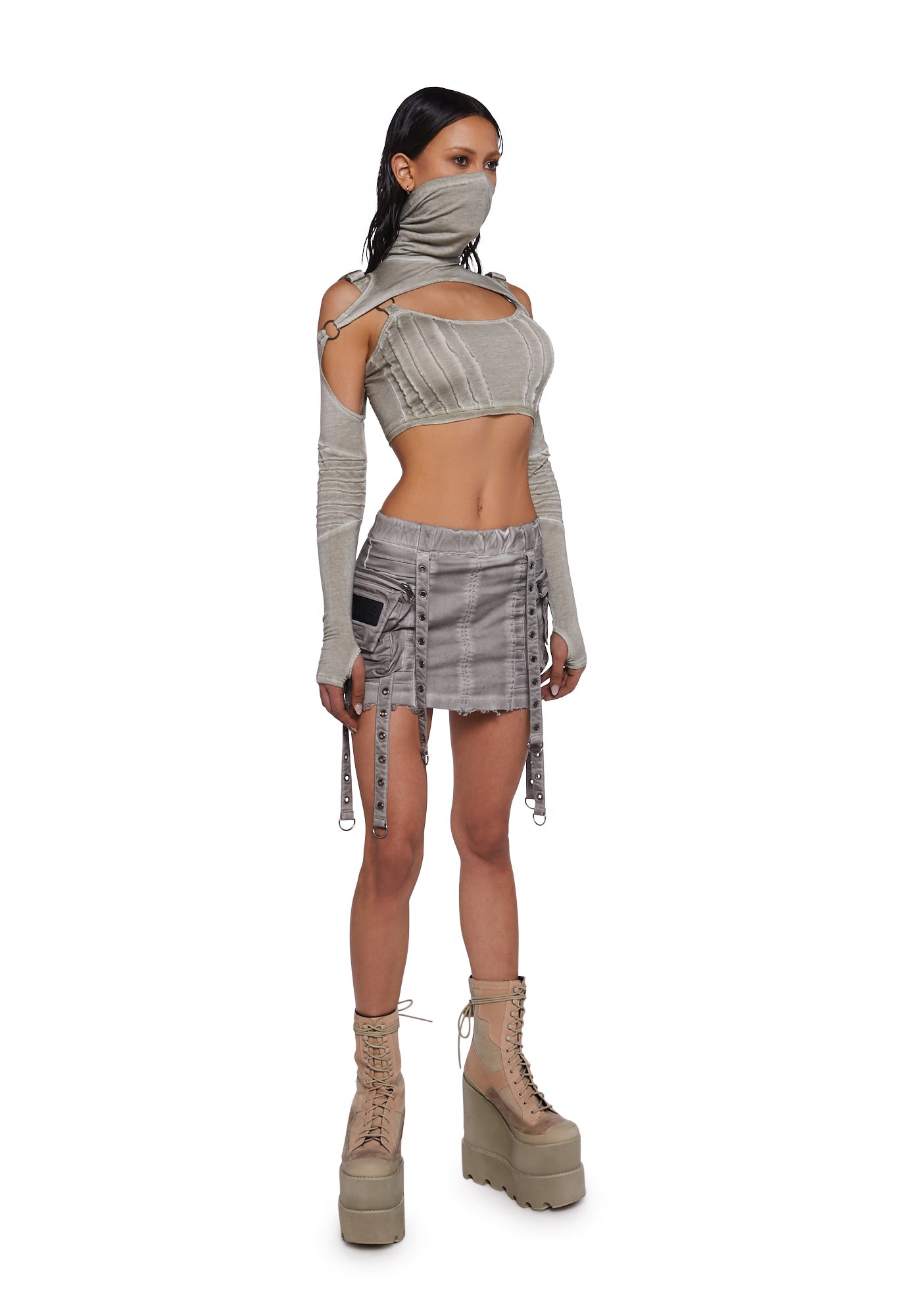 Darker Wavs Washed Cargo Mini Skirt With Pockets And Straps - Gray