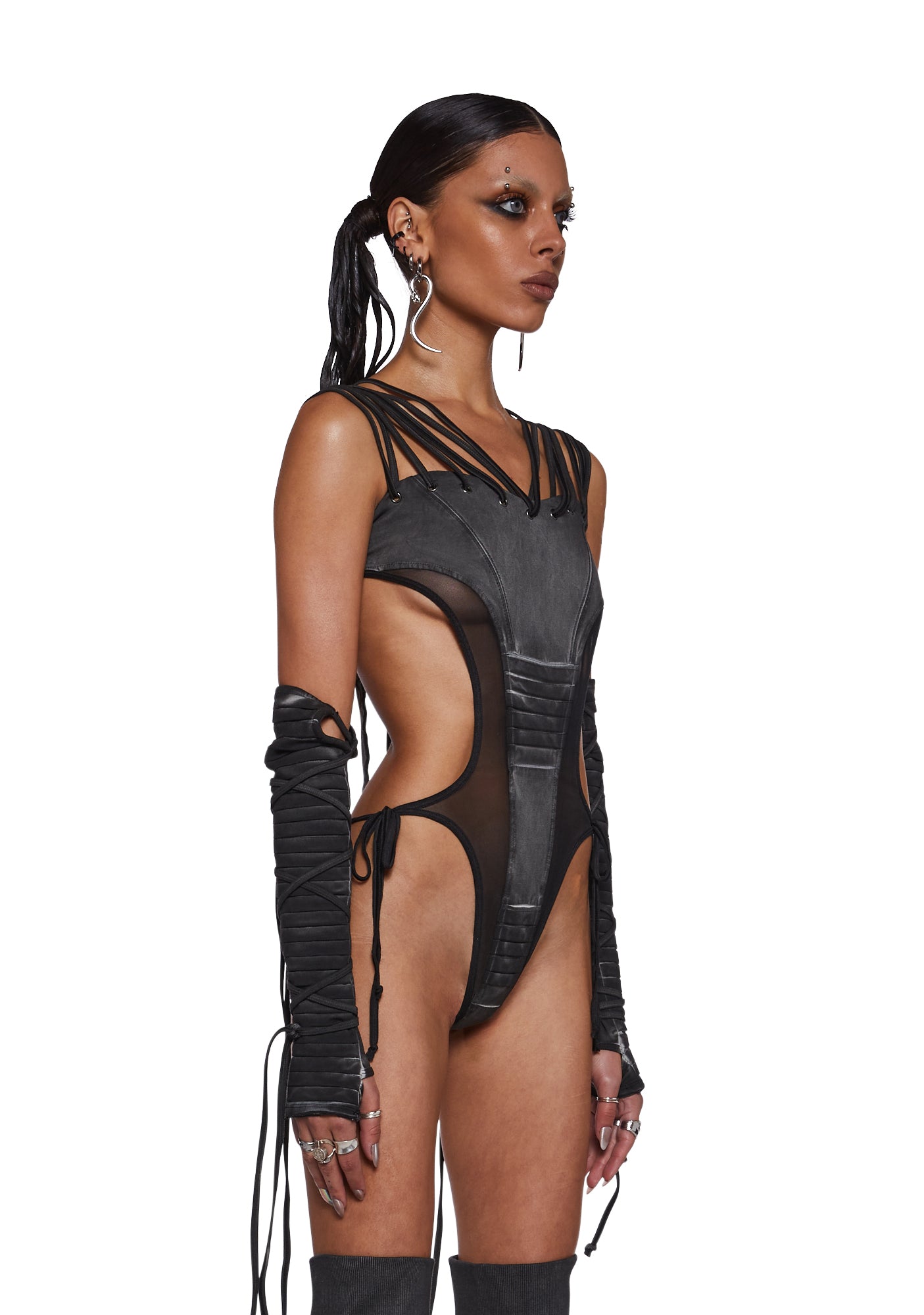 Darker Wavs Mesh And Jersey Bodysuit With Straps - Black – Dolls Kill