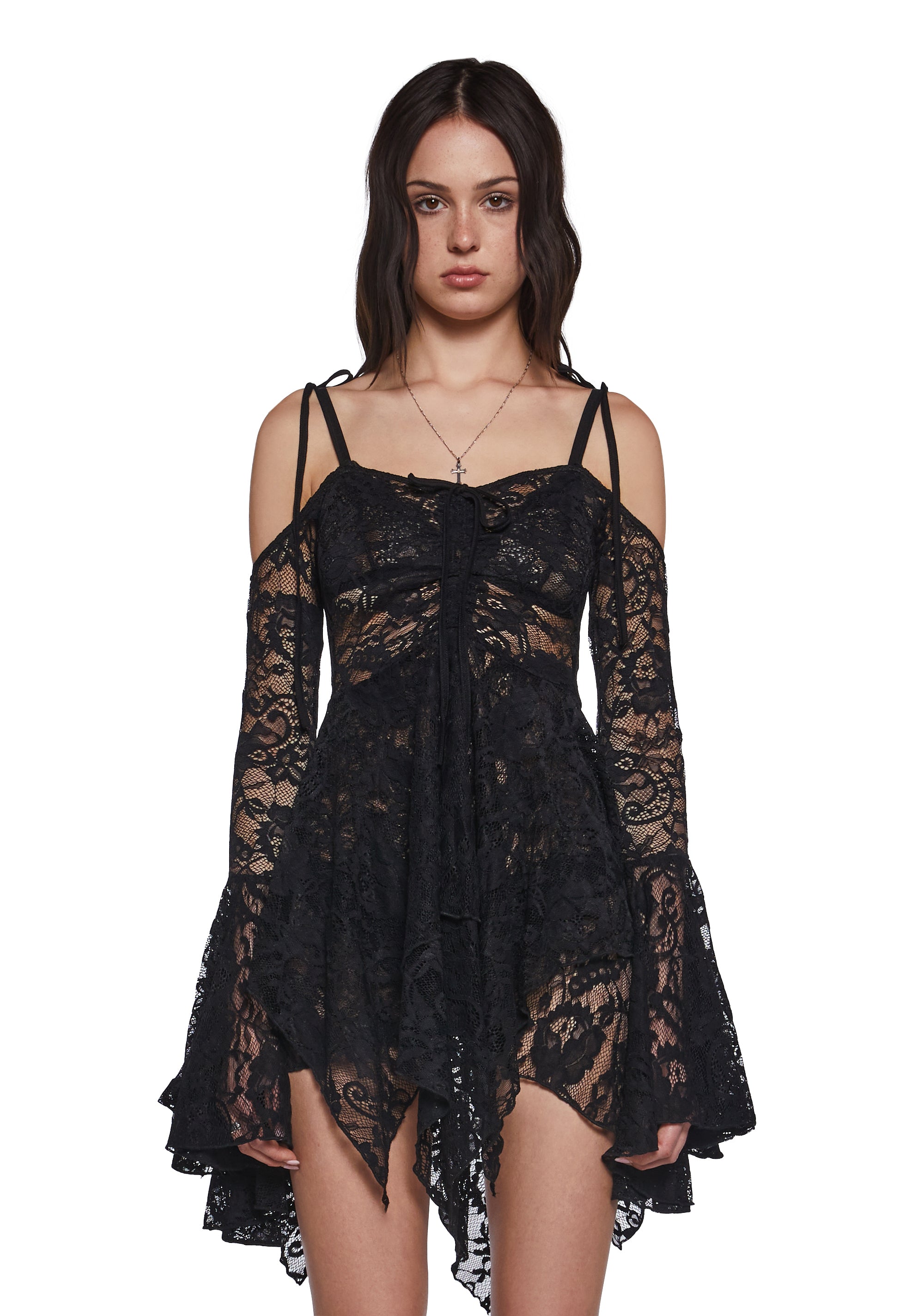 Widow Off The Shoulder Handkerchief Lace Mini Dress