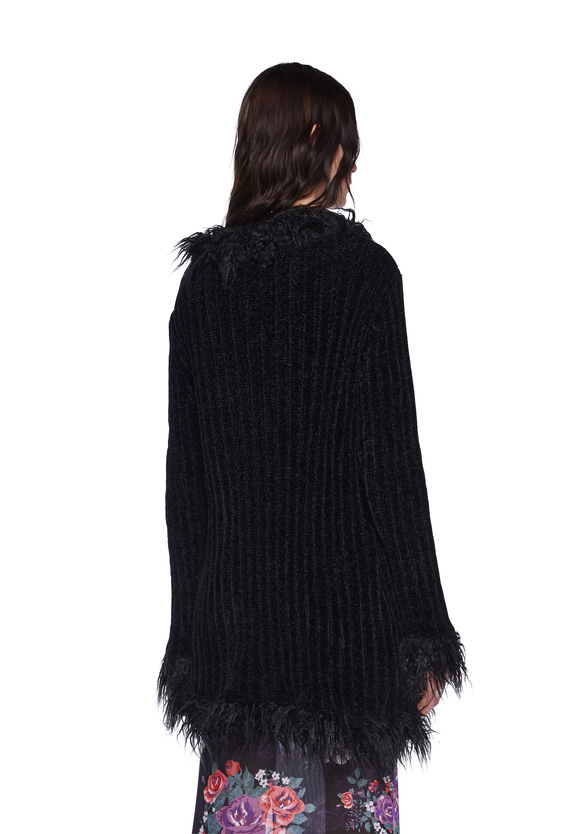 Current Mood Faux Fur Trim Long Cardigan Black Dolls Kill