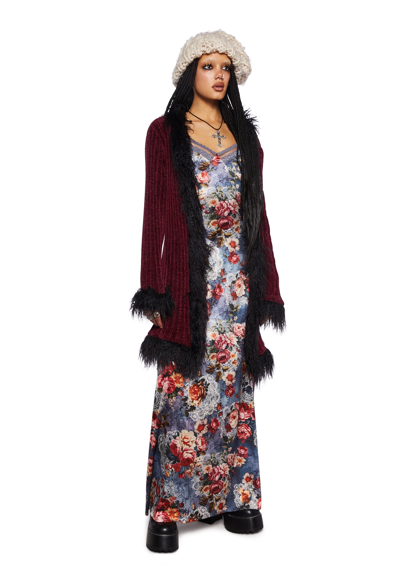 Furry Foe Long Cardigan-Burgundy