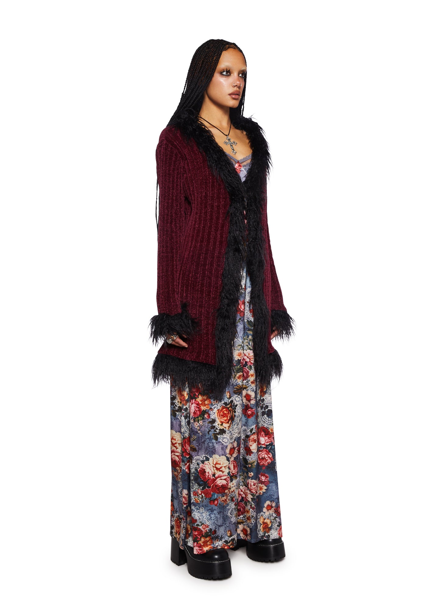 Furry Foe Long Cardigan-Burgundy