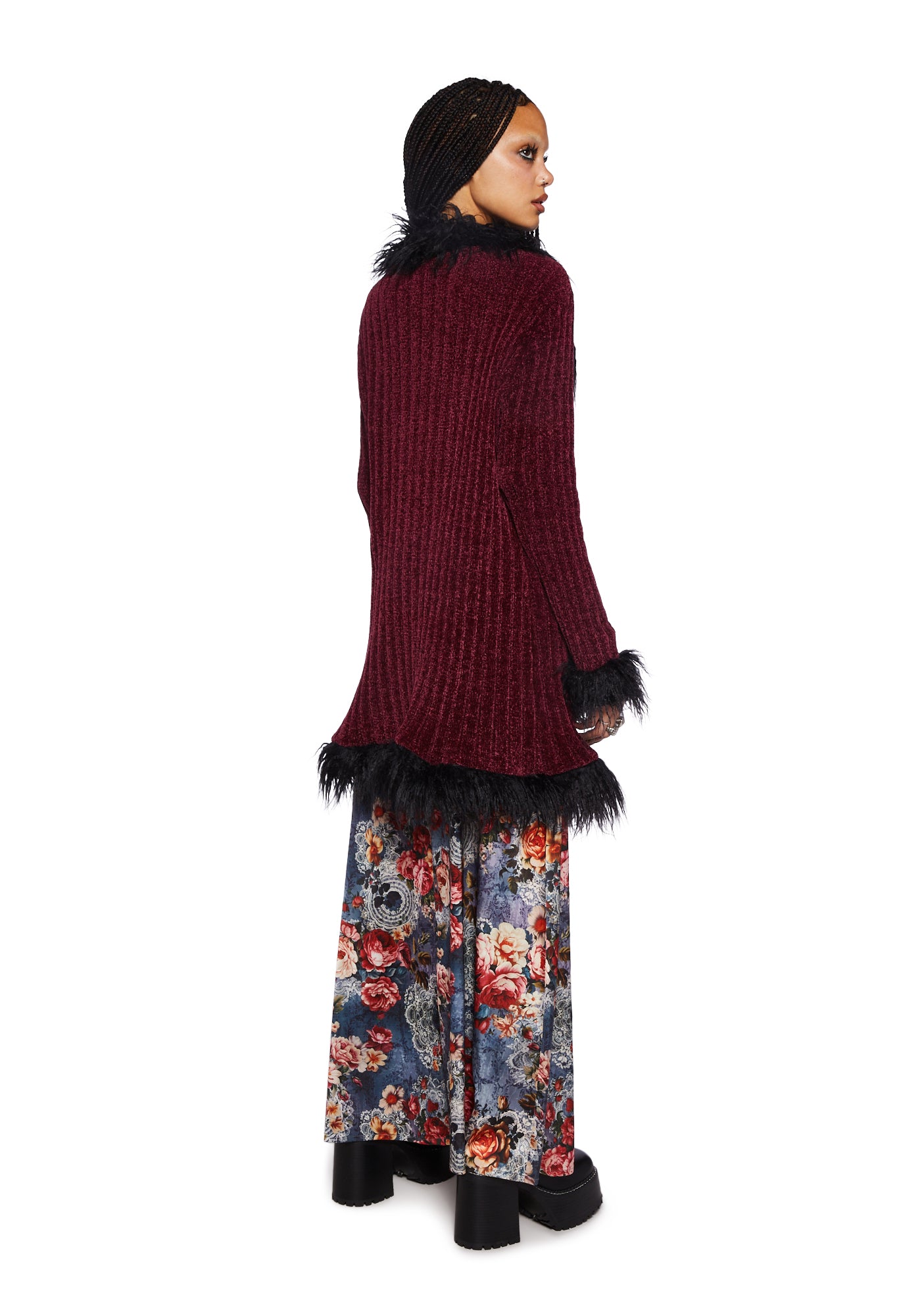 Furry Foe Long Cardigan-Burgundy