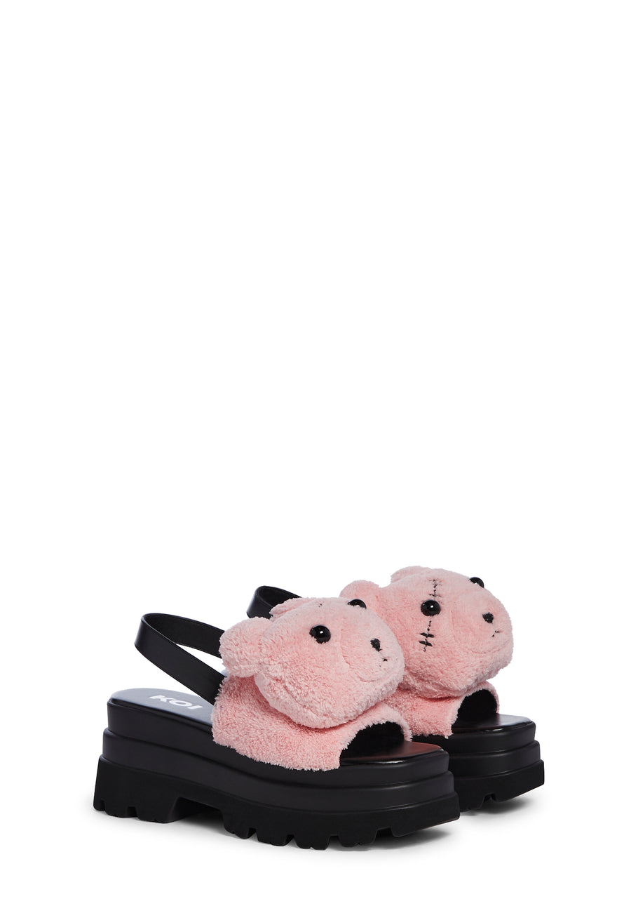 Gothic Hug Life Fuzzy Platform Sandals-Pink