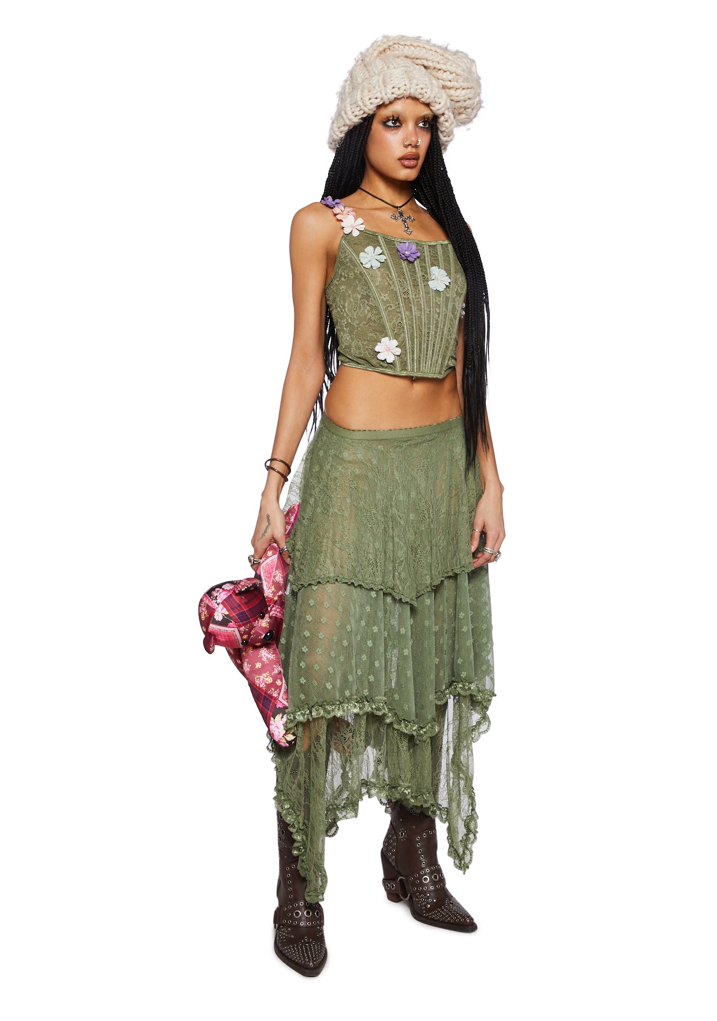 Current Mood Pieced Lace Mesh Maxi Skirt Fairycore Green Dolls Kill