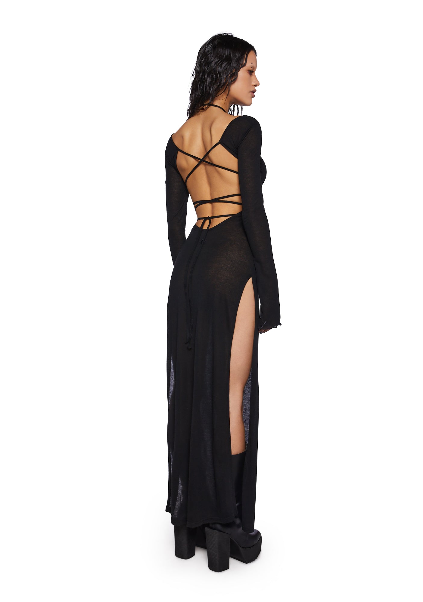 Darker Wavs Long Sleeve Maxi Dress With Open Back And Straps
