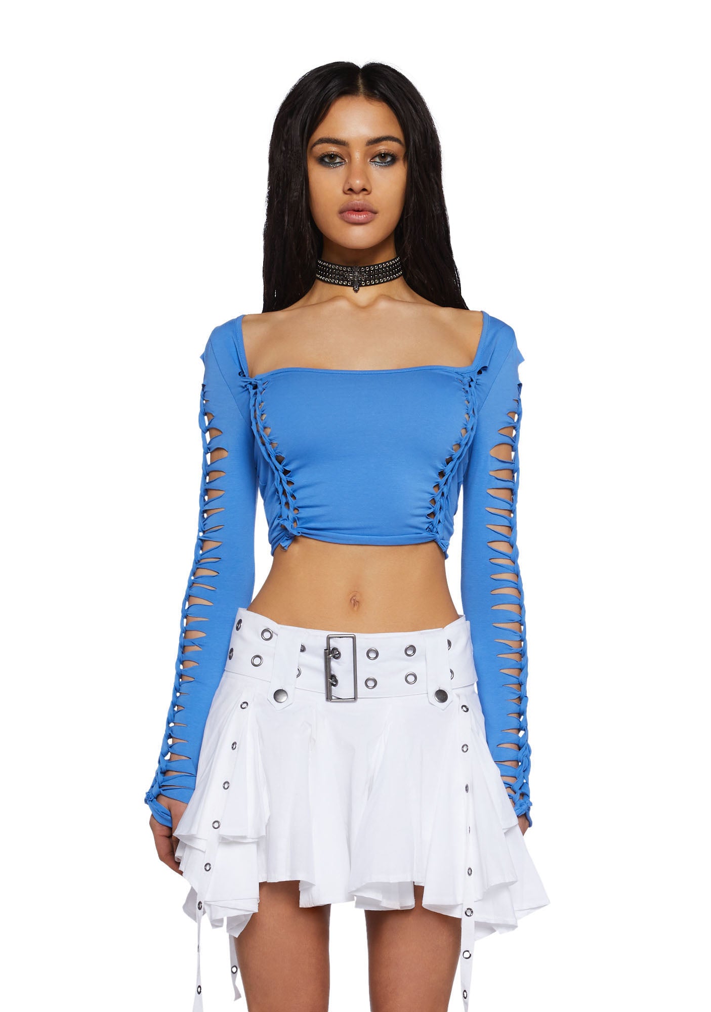 Slashed Top Current Mood Braided Cutout Crop Top -Blue – Dolls Kill