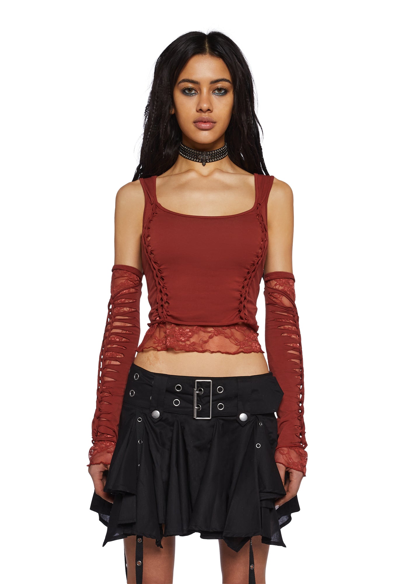 Current Mood Lace Cut Out Crop Top And Gloves Set -Rust
