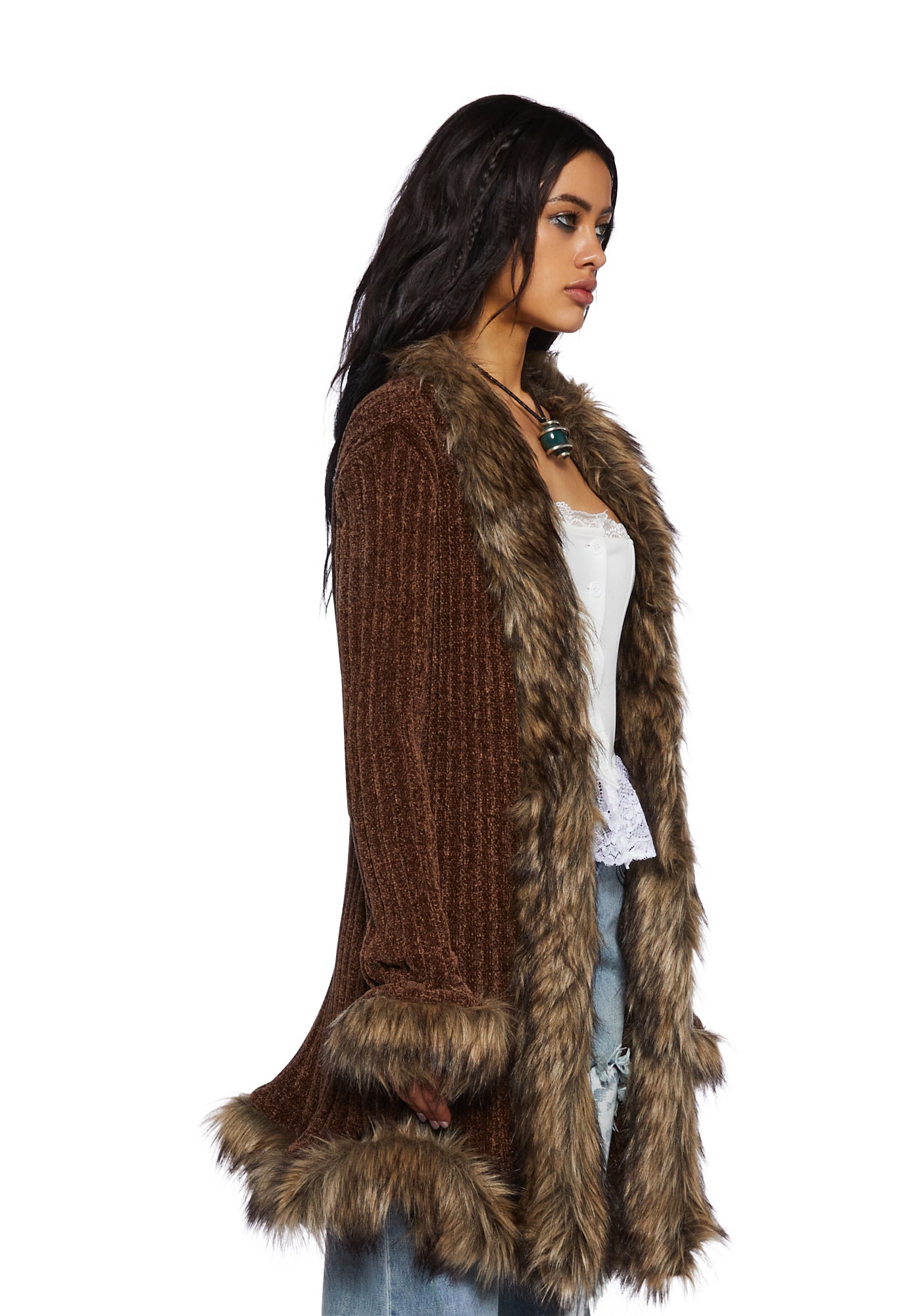 Furry Foe Long Cardigan-Brown