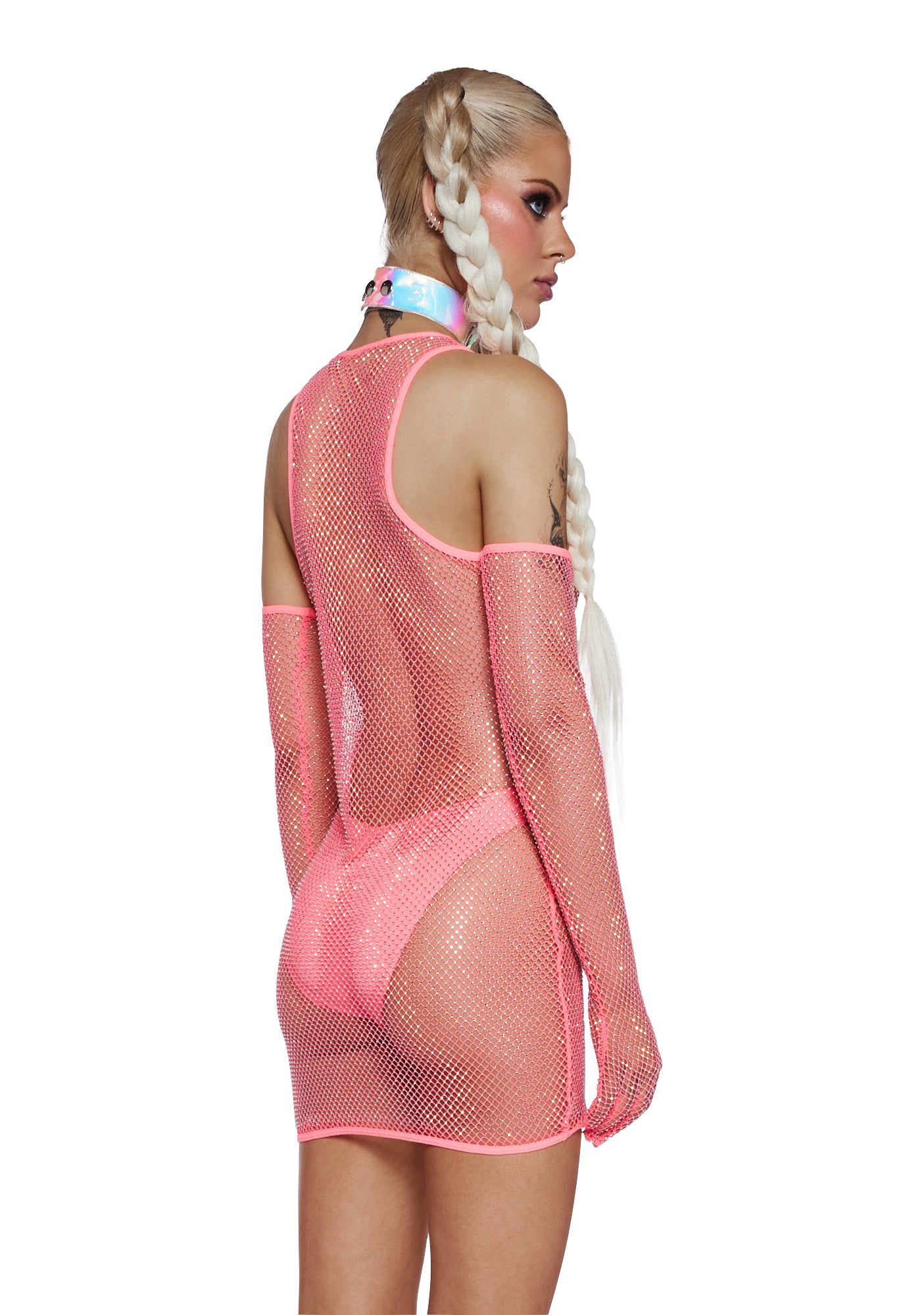 Club Exx Rhinestone Fishnet Dress Gloves Panty Set