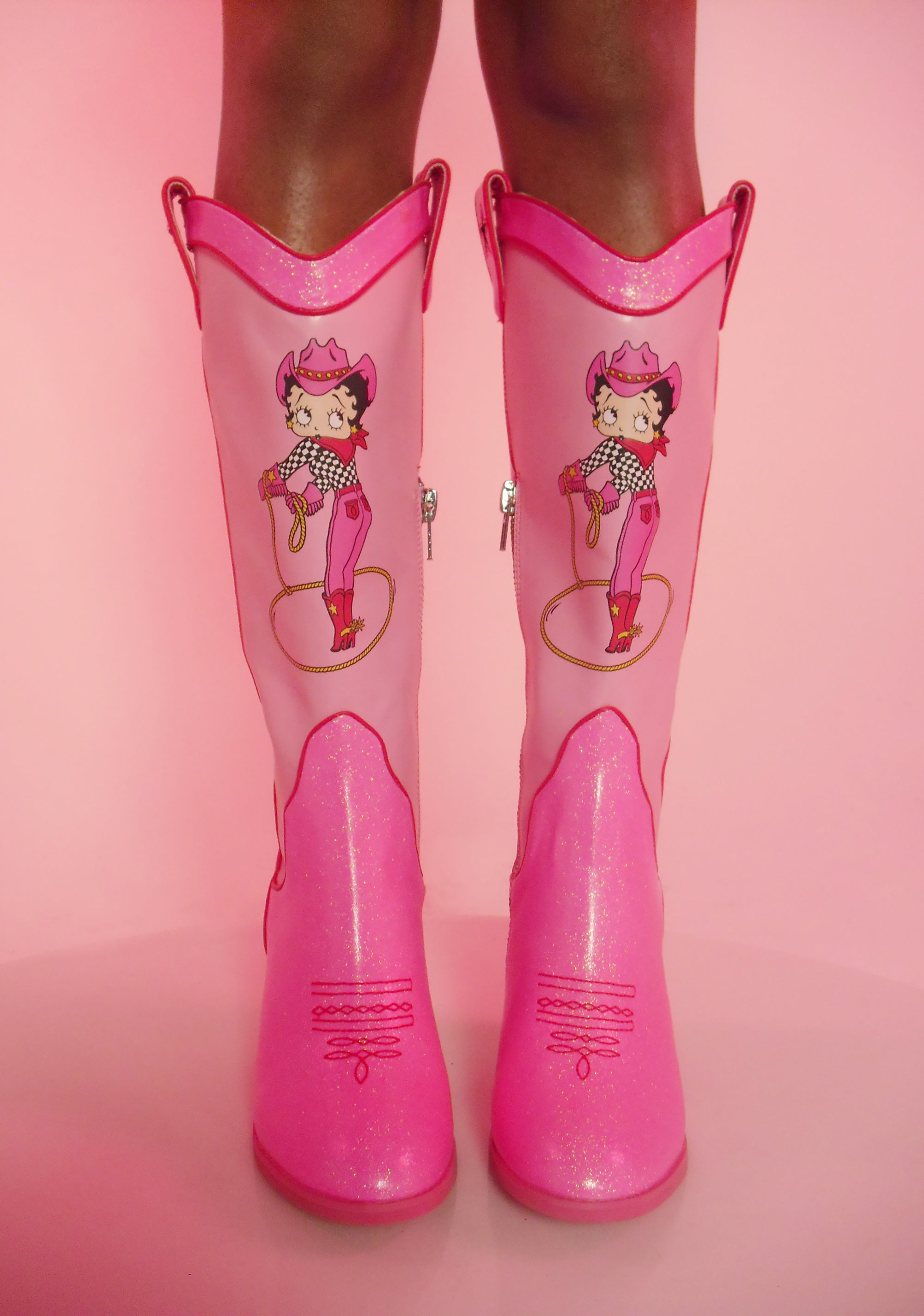 Dolls Kill x Betty Boop Side Zip Glitter Cowboy Boots - Pink