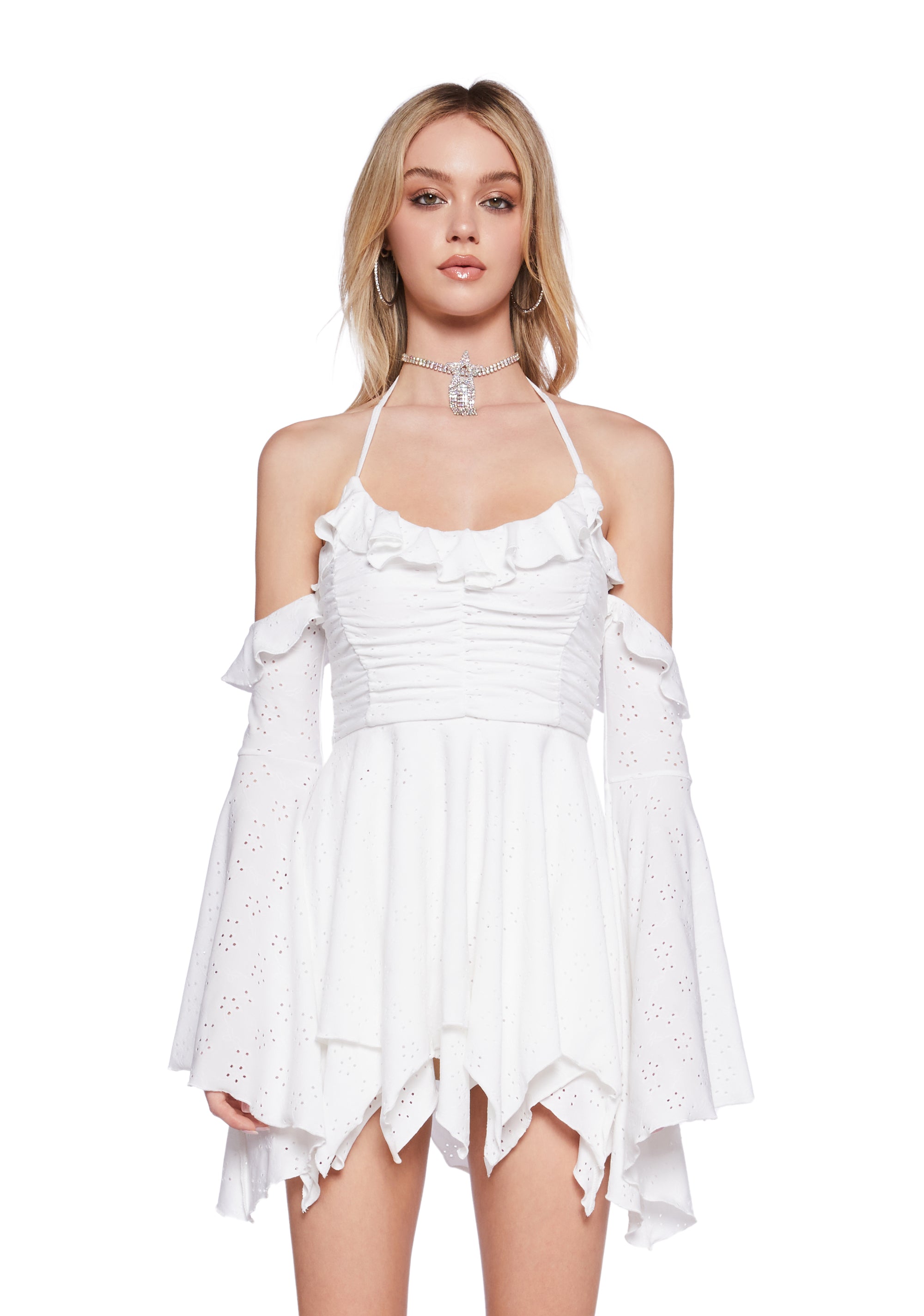 Sugar Thrillz Fairy Core Eyelet Off The Shoulder Handkerchief Mini Dress