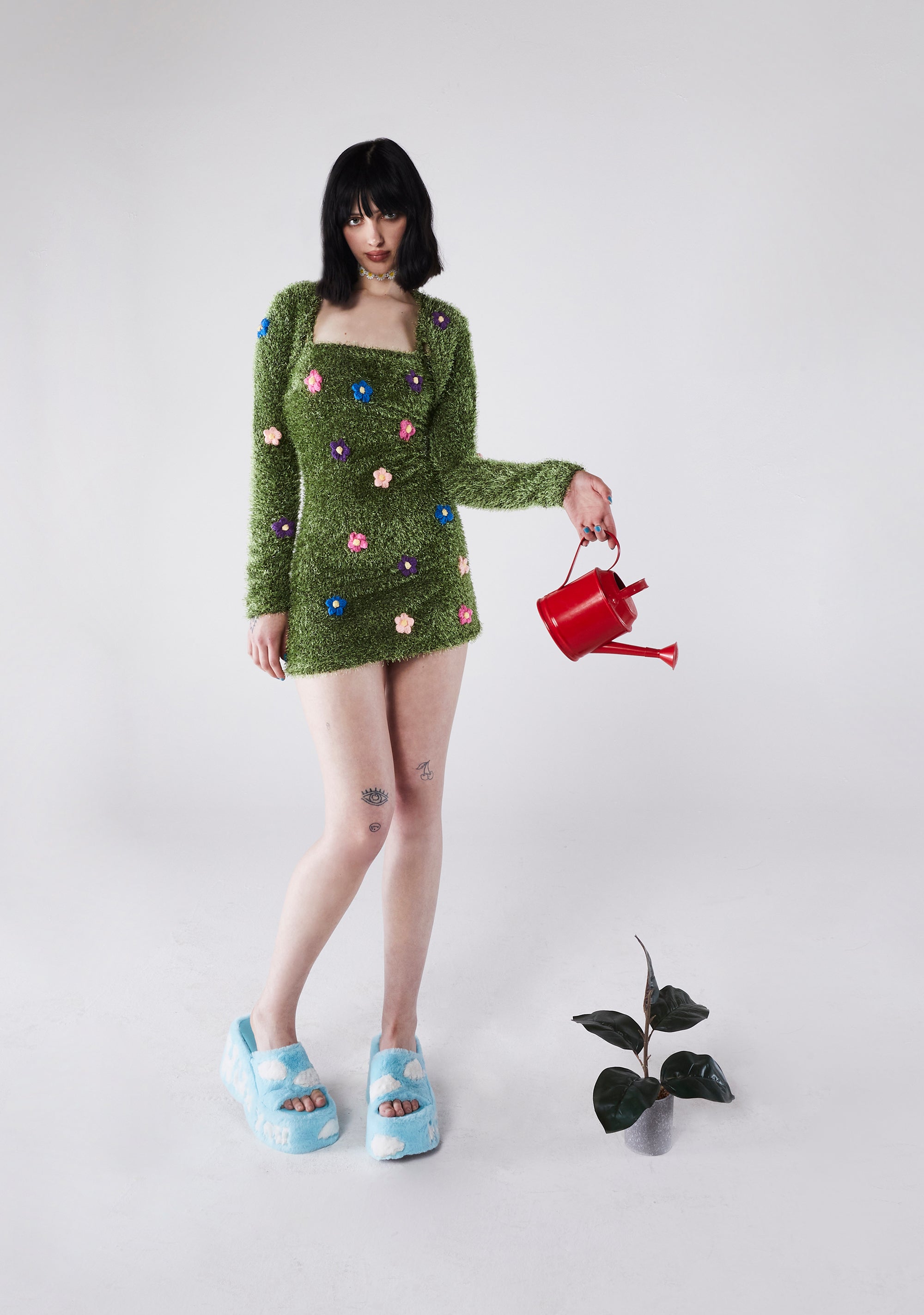 Delia's Grass Mohair Mini Dress With Flowers And Shrug Set - Green Dolls Kill Delia's Grass Mohair Mini Dress With Flowers And Shrug Set - Green Dolls Kill