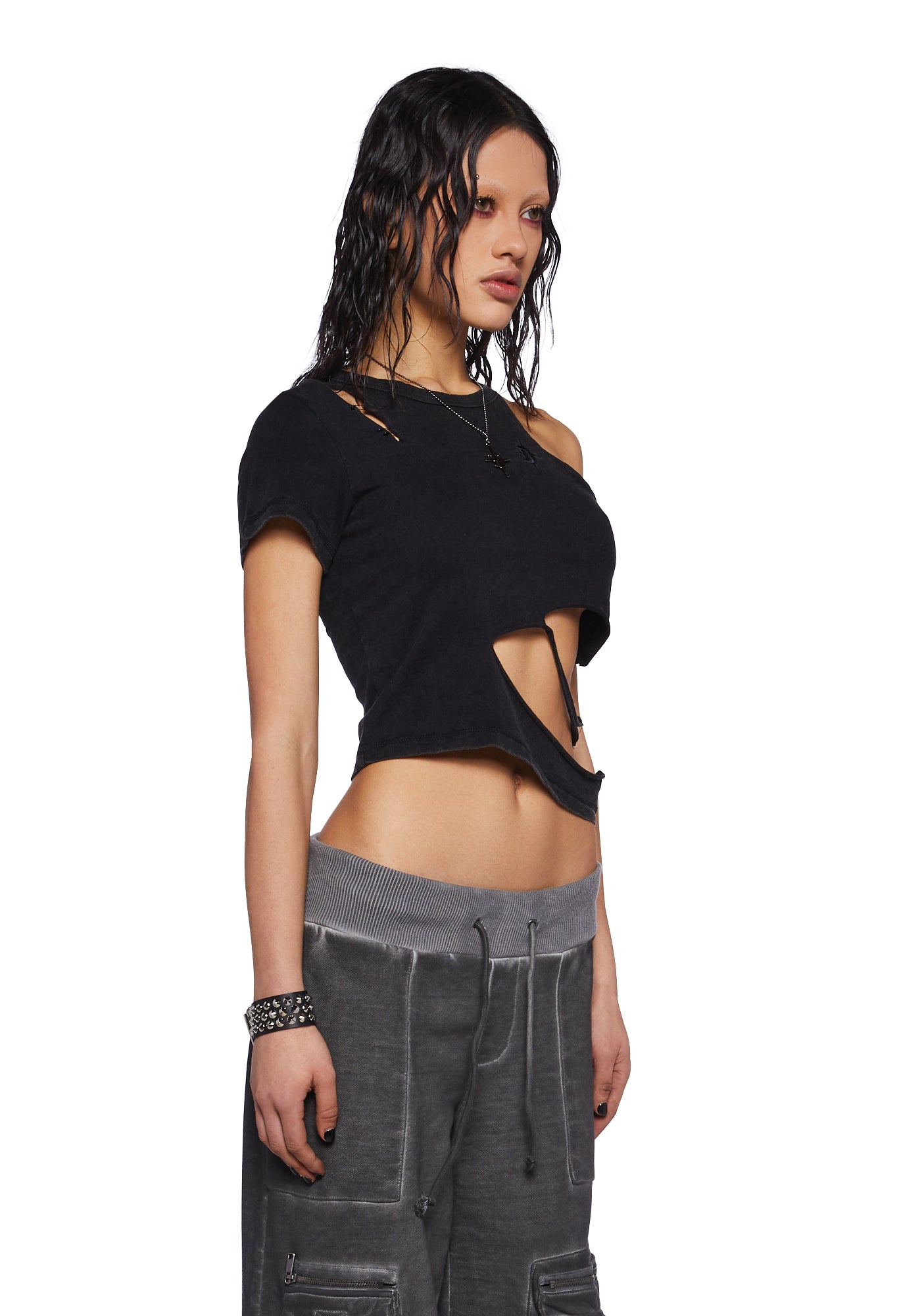 Darker Wavs Distressed Cut Out Crop Tee - Black – Dolls Kill