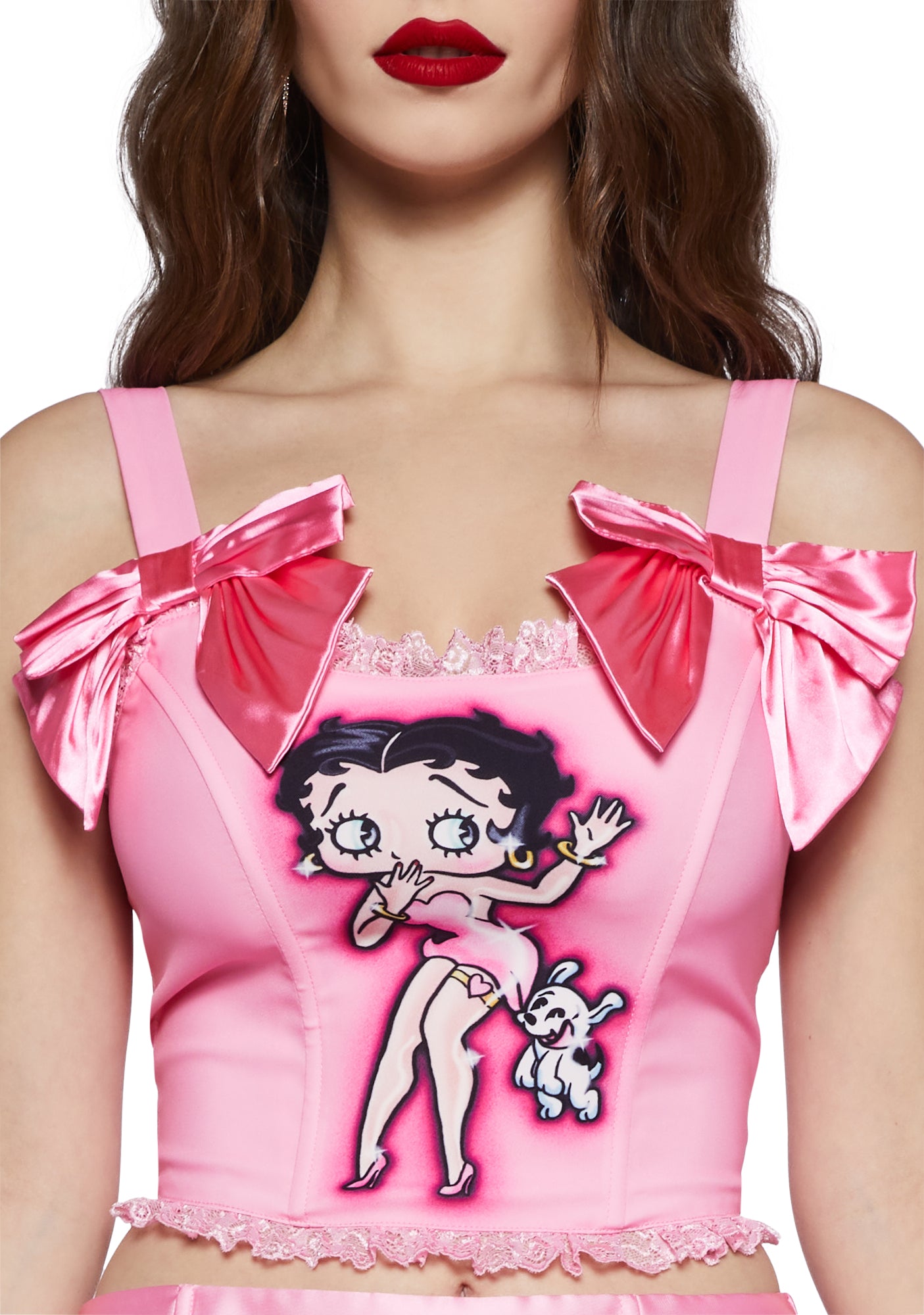 Dolls Kill x Betty Boop Corset Top With Lace Ruffles With Pudgy Graphic
