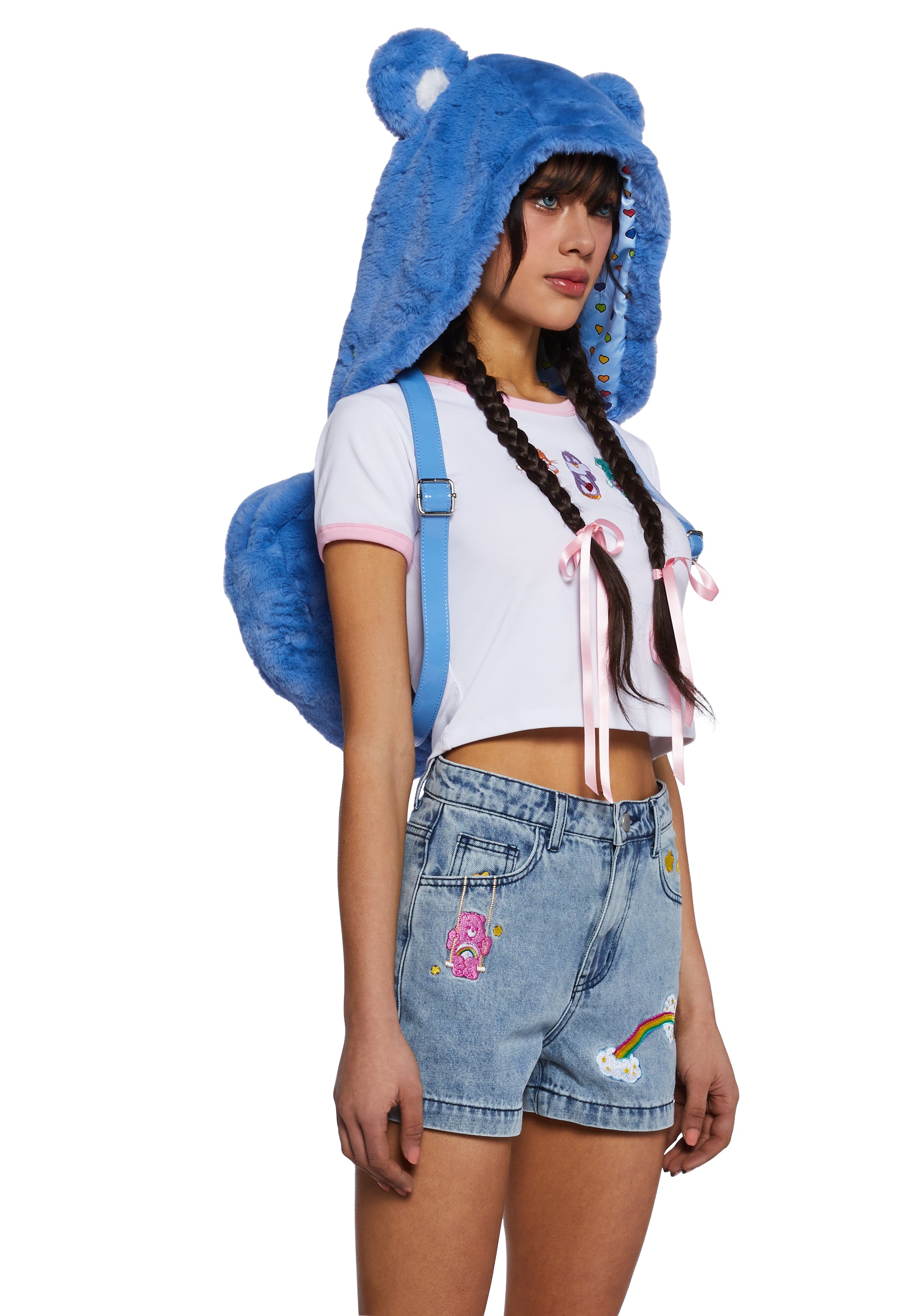 Dolls Kill x Care Bears Faux Fur Hooded Heart Shaped Backpack Blue