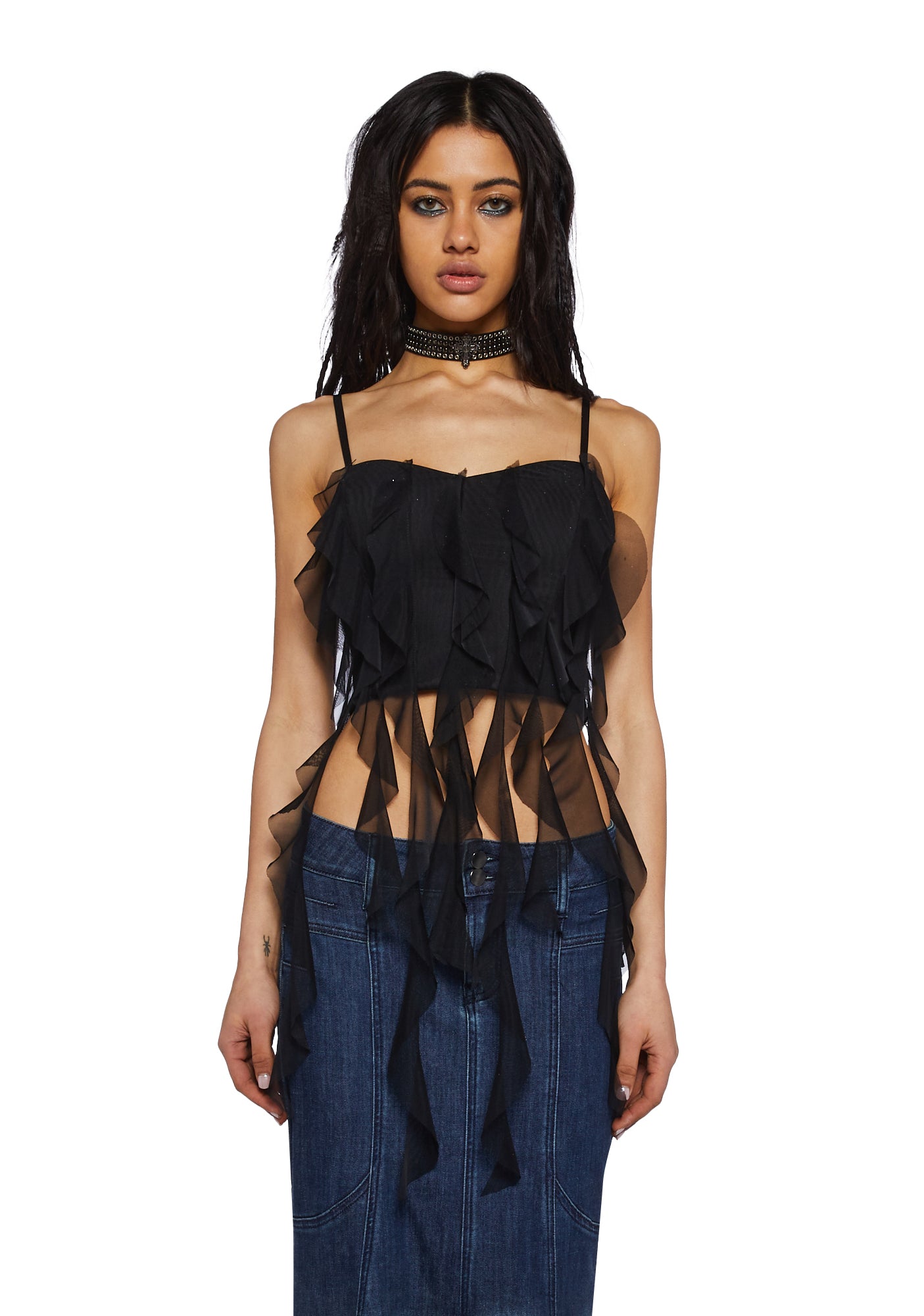 Current Mood Mesh Ruffled Corset Top- Black – Dolls Kill