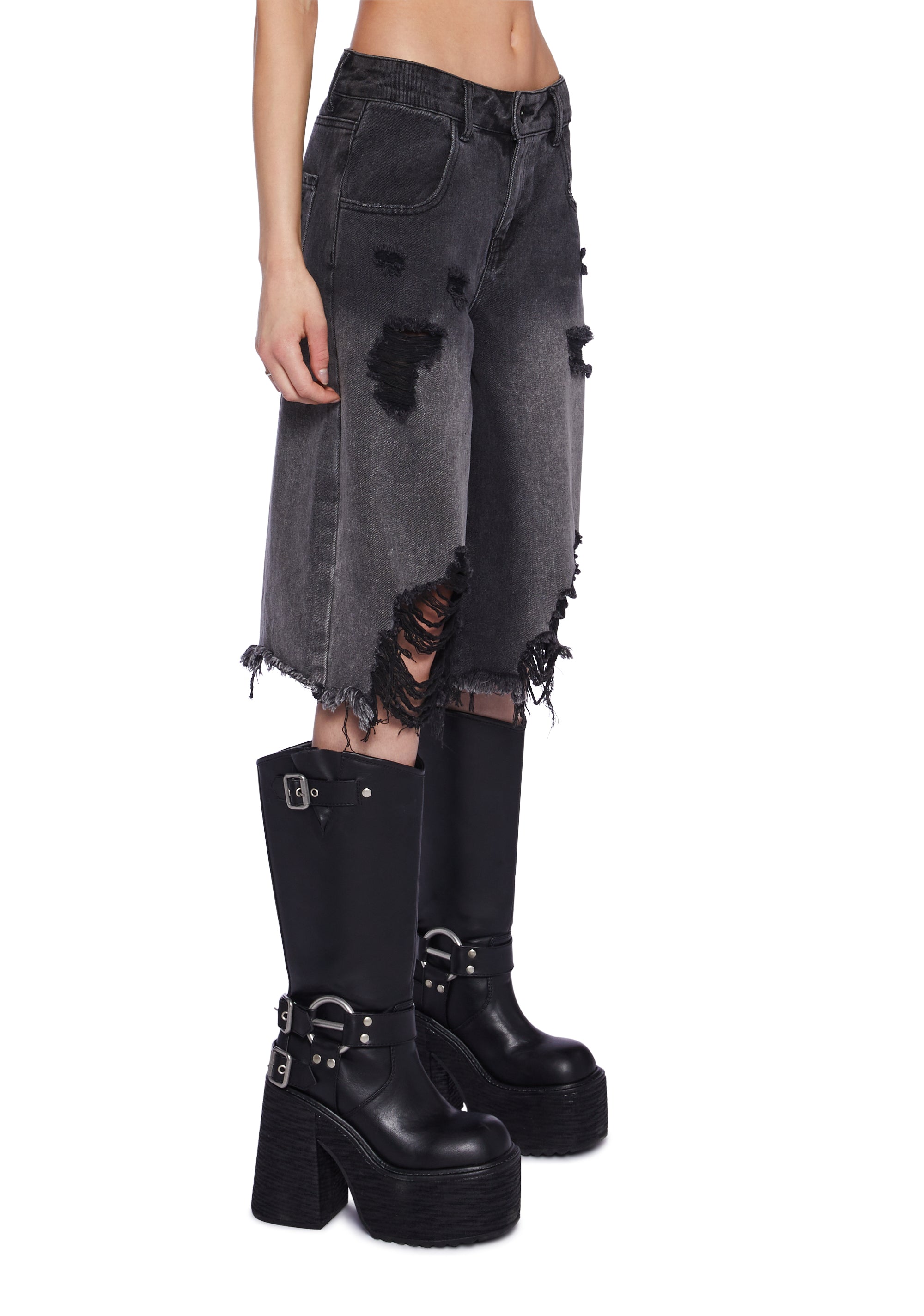 Current Mood Washed Ripped Denim Long Shorts - Black – Dolls