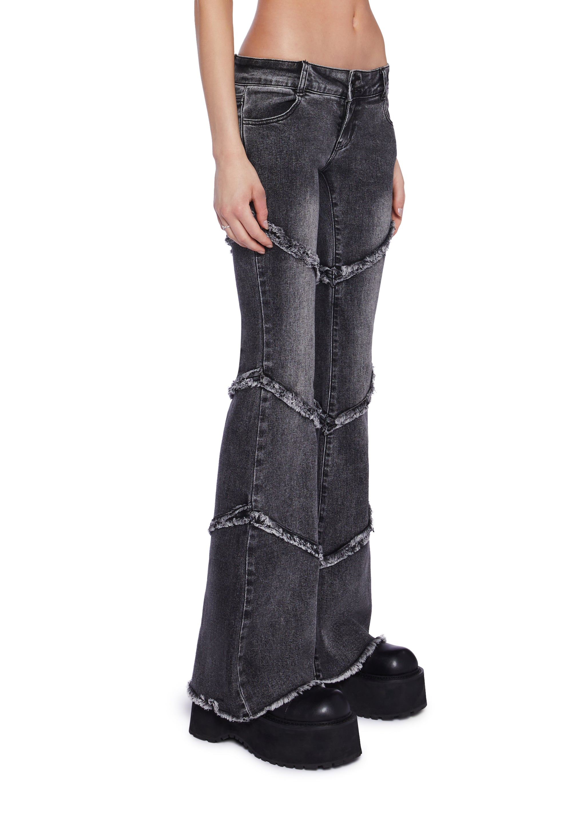 Current Mood Low Rise Washed Flare Denim Pants - Black