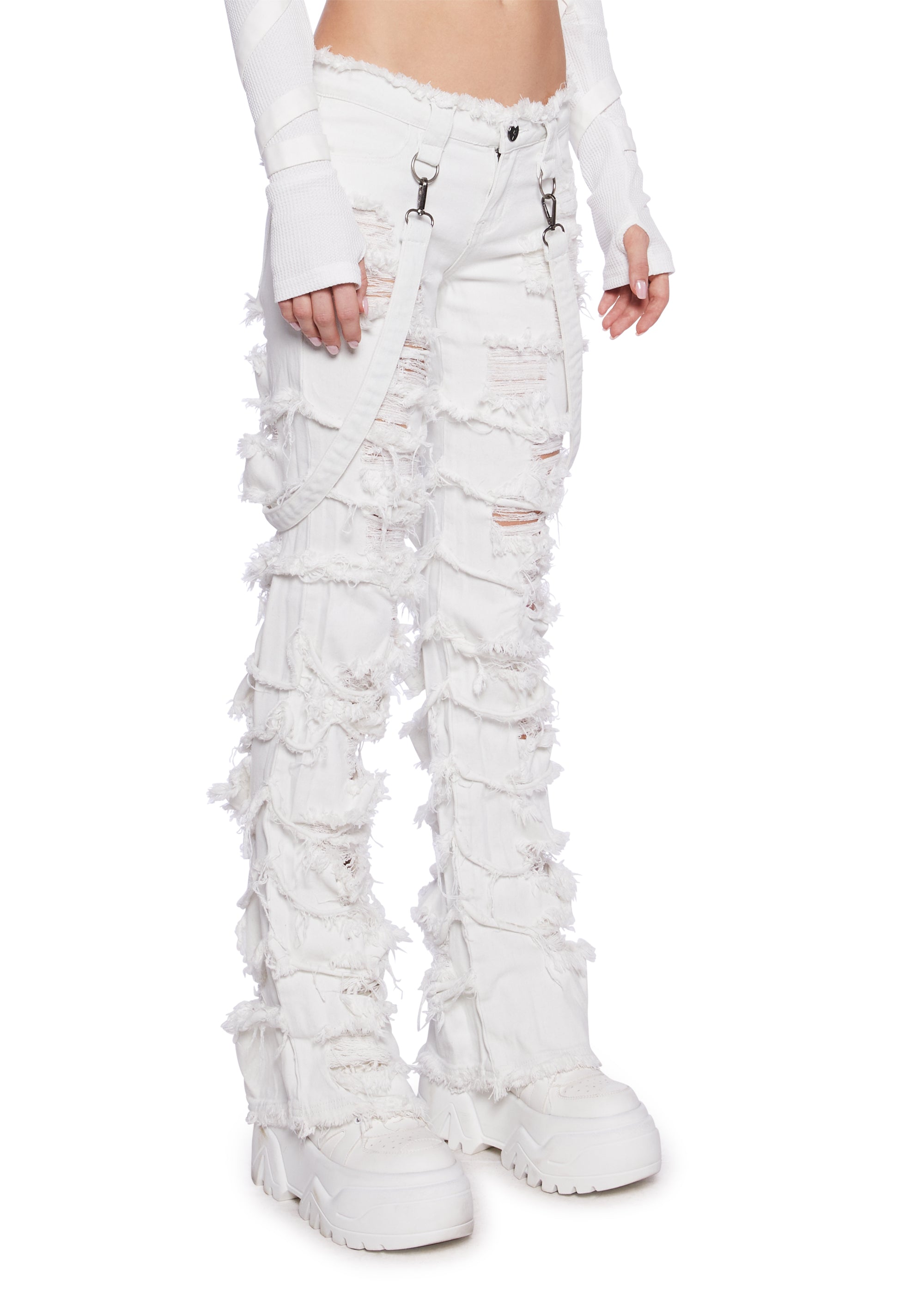 Darker Wavs Distressed Jeans With Straps - White – Dolls Kill