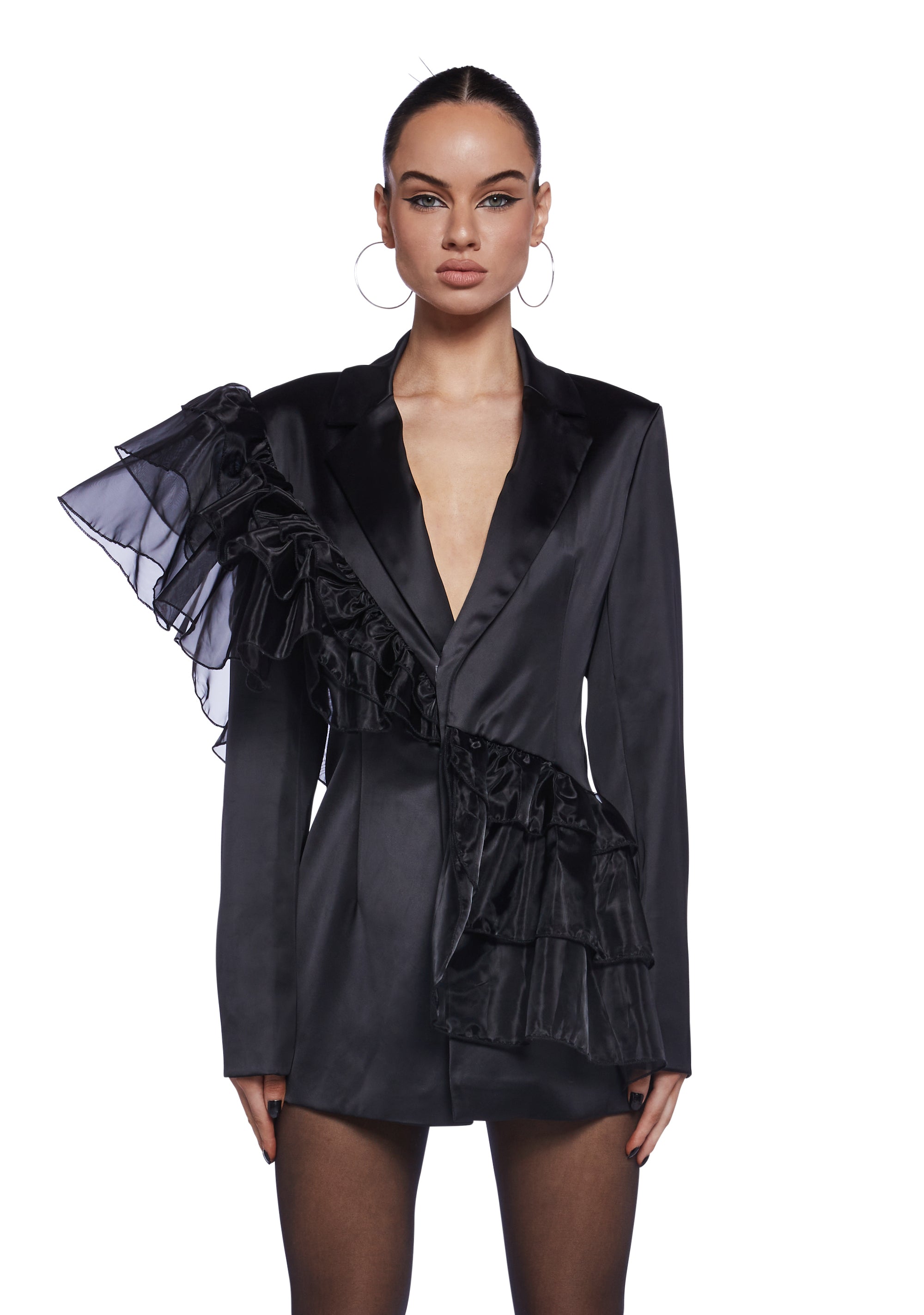 Widow Ruffled Satin Blazer - Black