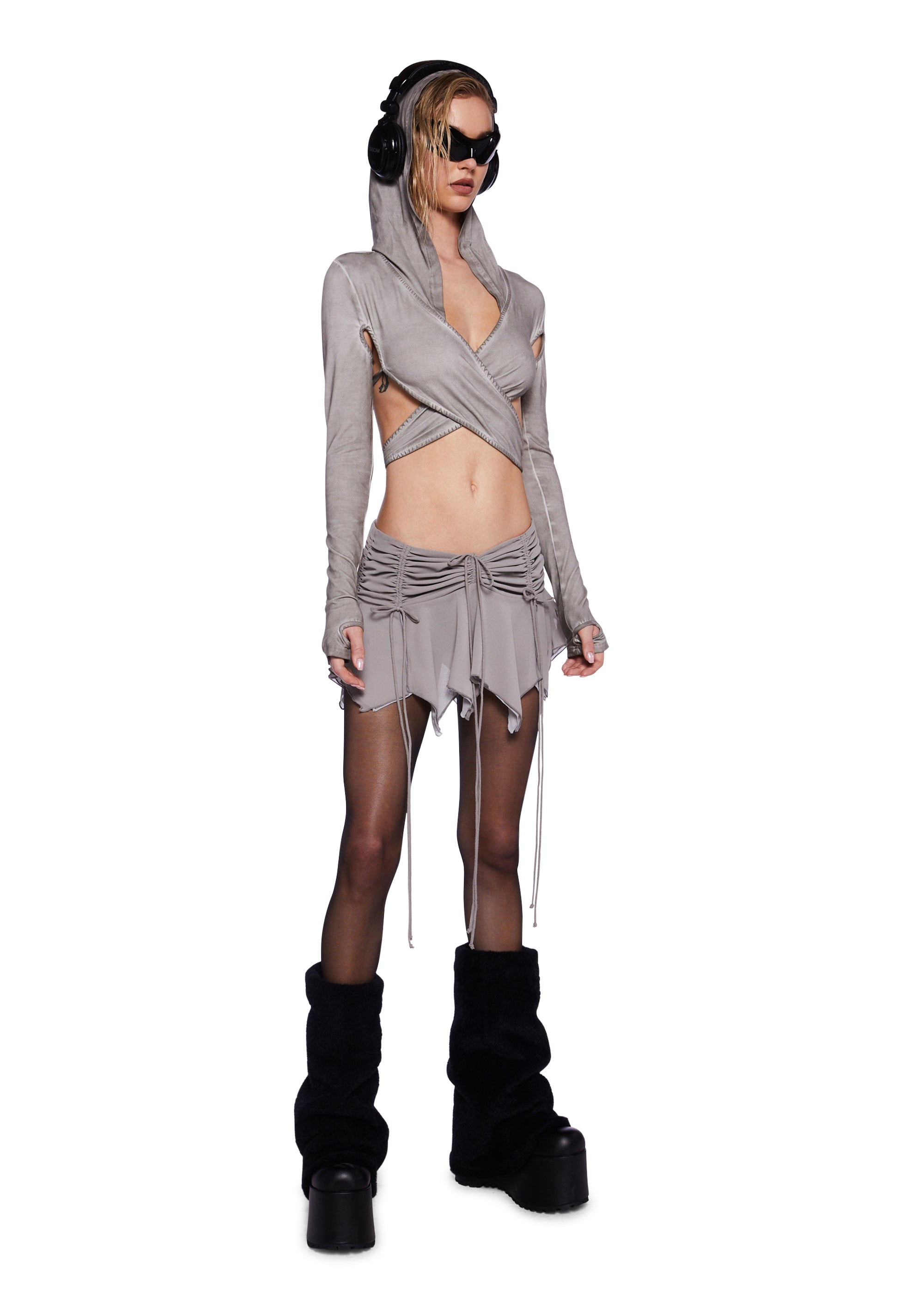 Darker Wavs Hooded Long Sleeve Smoked Wrap Around Top - Off Darker Wavs Hooded Long Sleeve Smoked Wrap Around Top - Off