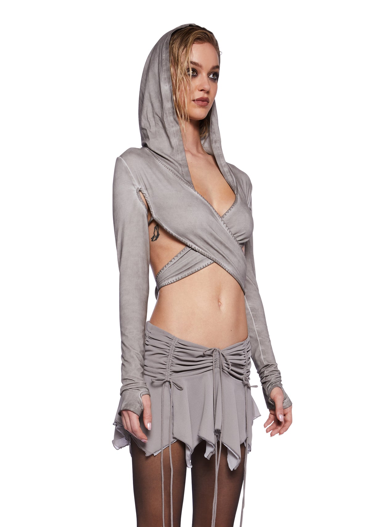 Darker Wavs Hooded Long Sleeve Smoked Wrap Around Top - Off White 