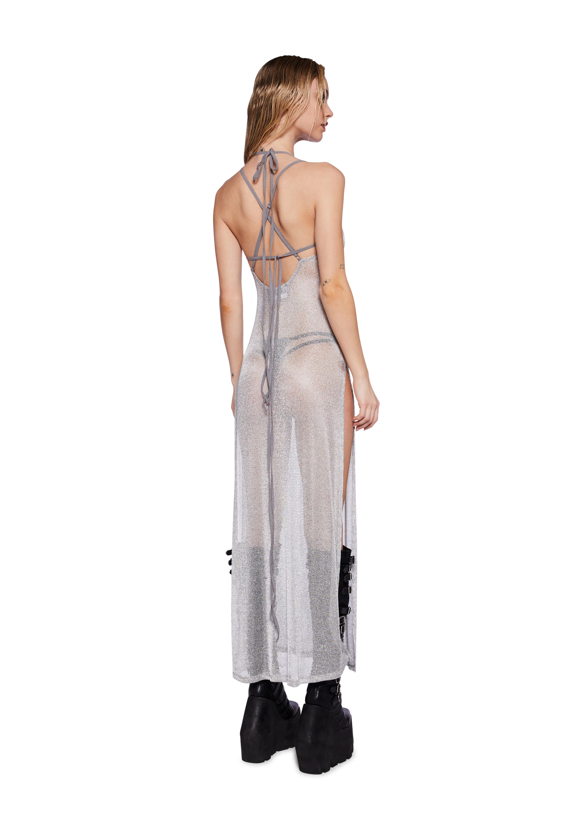 Darker Wavs Metallic Sheer Knit Maxi Dress With High Side Slits - Silver   Dolls Kill