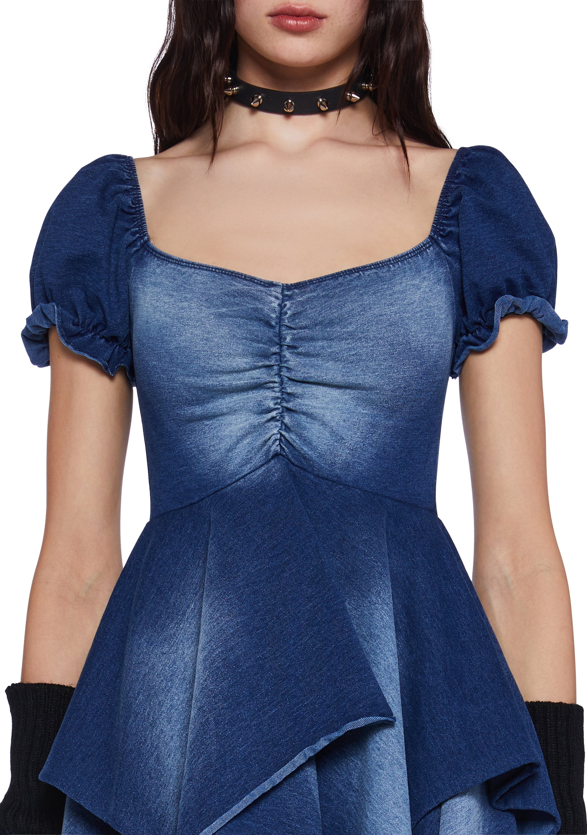 Current Mood Denim Handkerchief Puff Sleeve Mini Dress - Blue Dolls Kill Current Mood Denim Handkerchief Puff Sleeve Mini Dress - Blue Dolls Kill