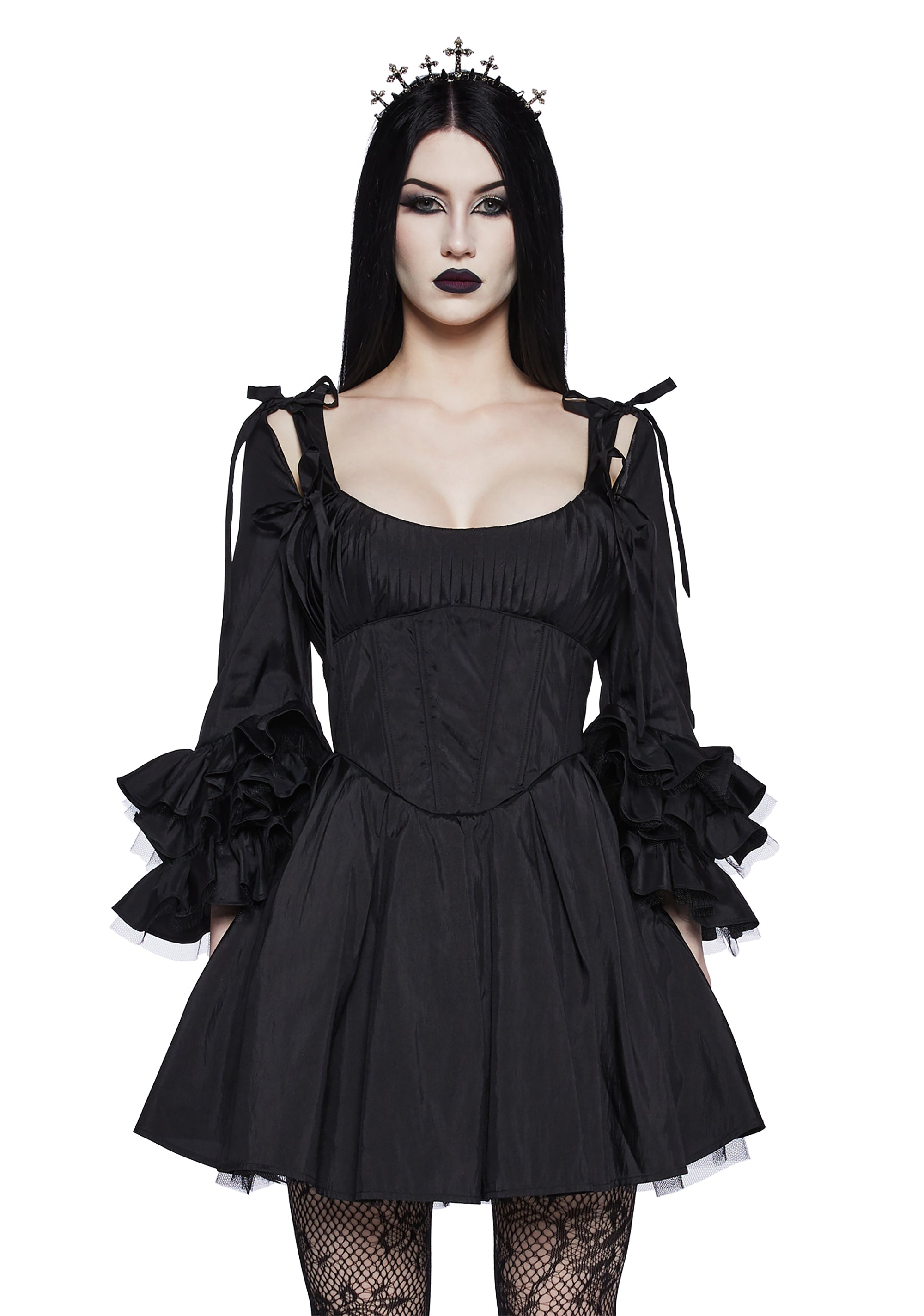 Widow Taffeta Lace Up Mini Dress With Sleeves - Black Dolls Kill Widow Taffeta Lace Up Mini Dress With Sleeves - Black Dolls Kill