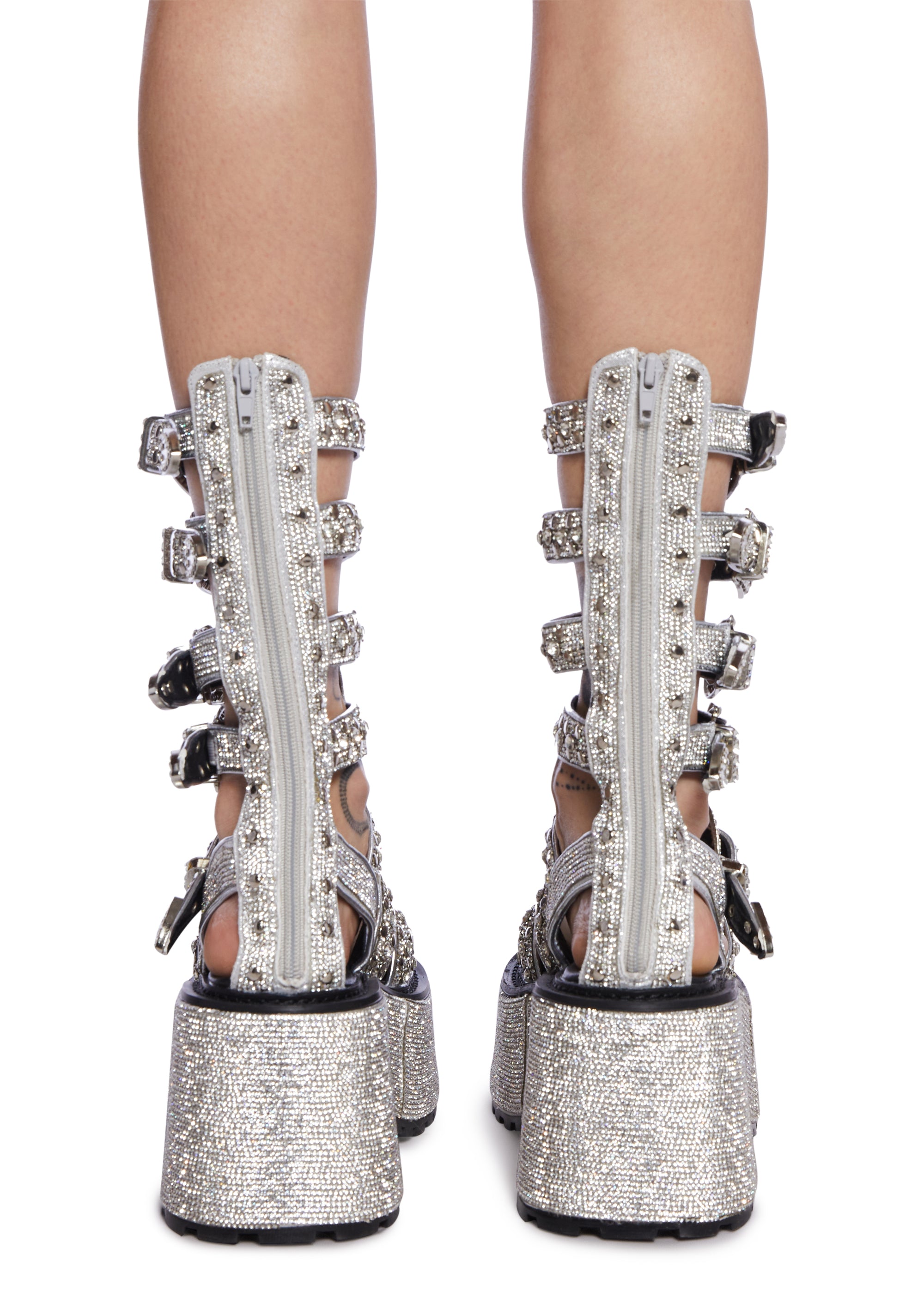 Club Exx Rhinestone Gladiator Platform Buckle Sandals Silver Dolls Kill