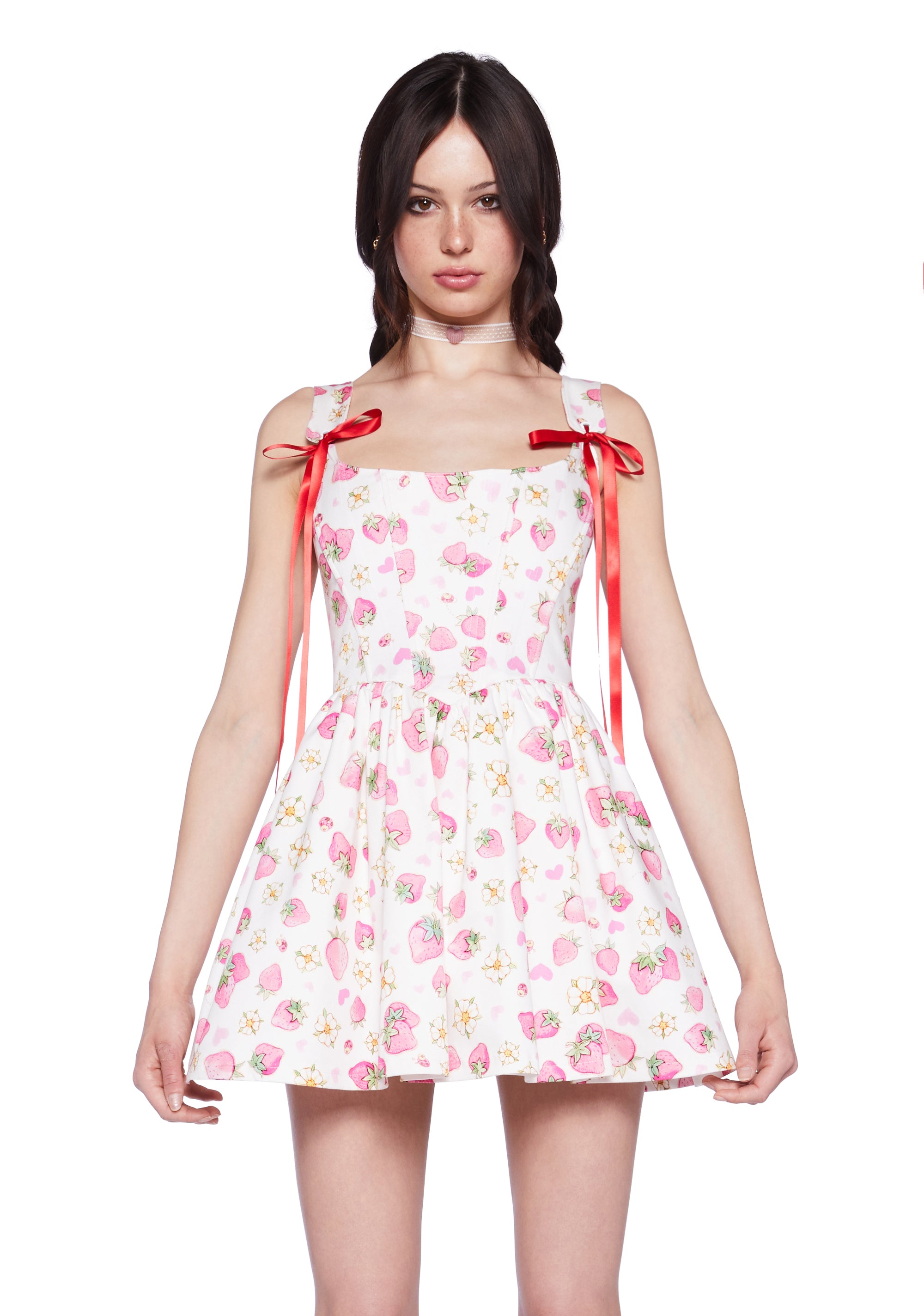 Dolls Kill x Strawberry Shortcake Ladybug Strawberry Print Corset Mini Dress - White