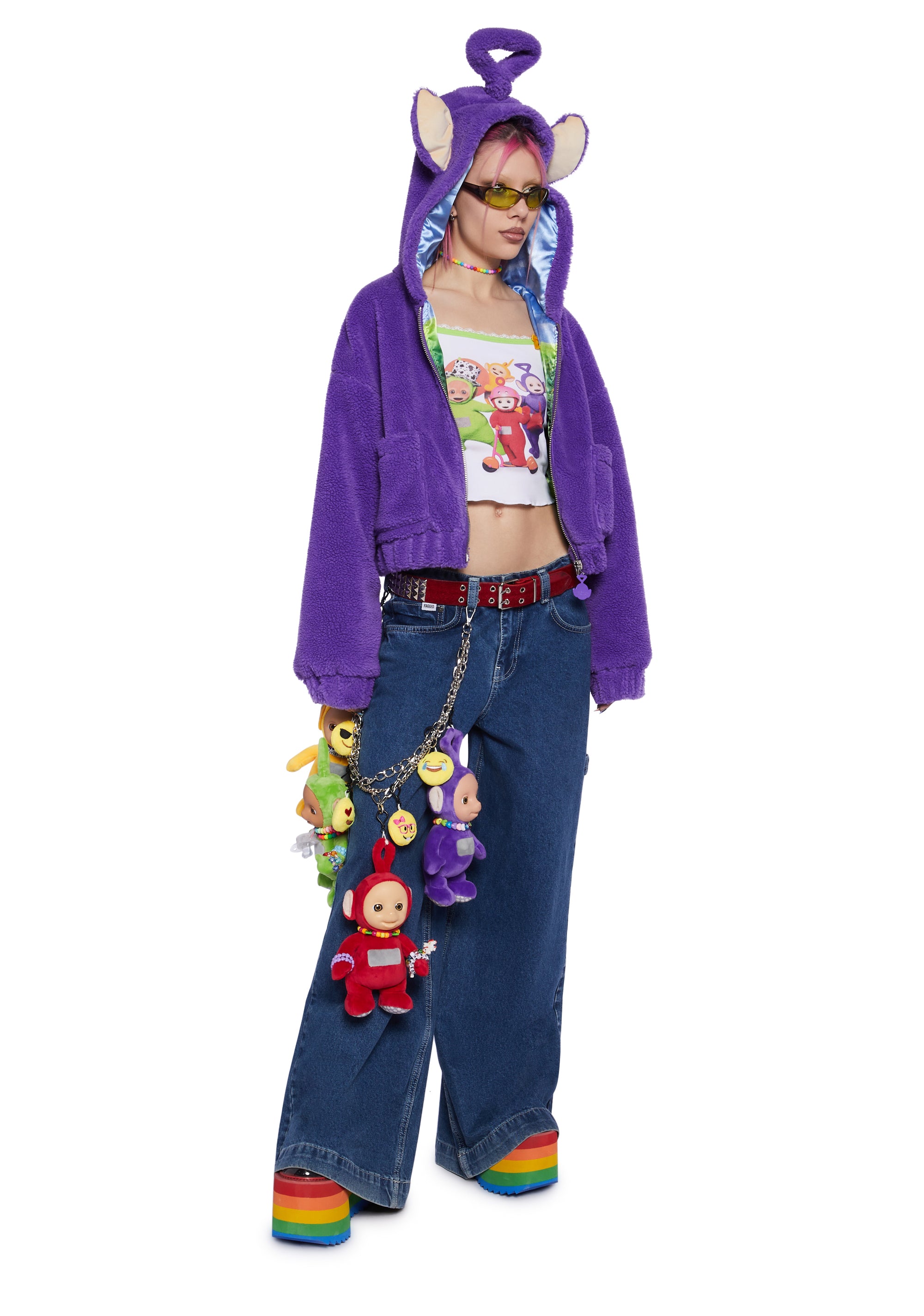 Dolls Kill x Teletubbies Tinky Winky Faux Fur Bubble Fuzzy Jacket Purple