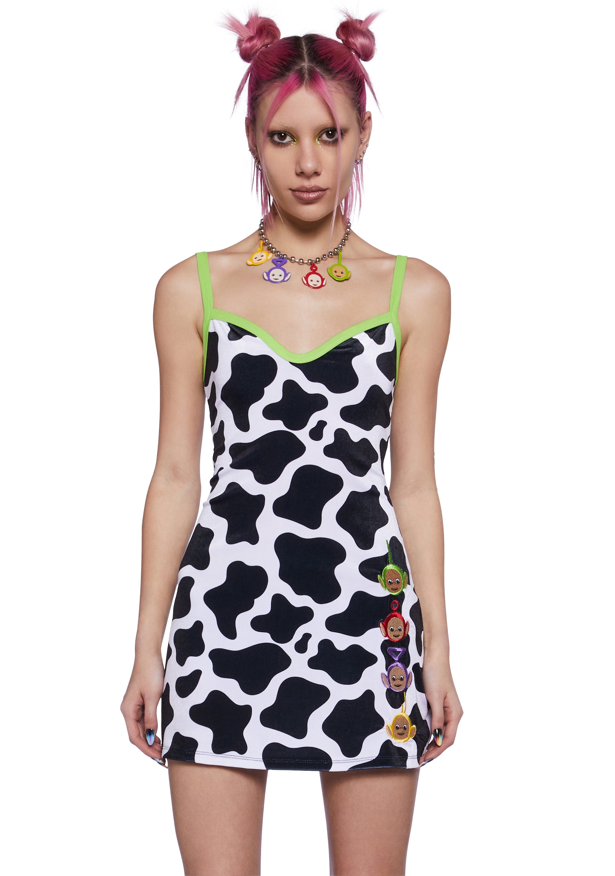 Dolls Kill x Teletubbies Cow Print Mini Dress Dipsy Lala Po Tinky Winky