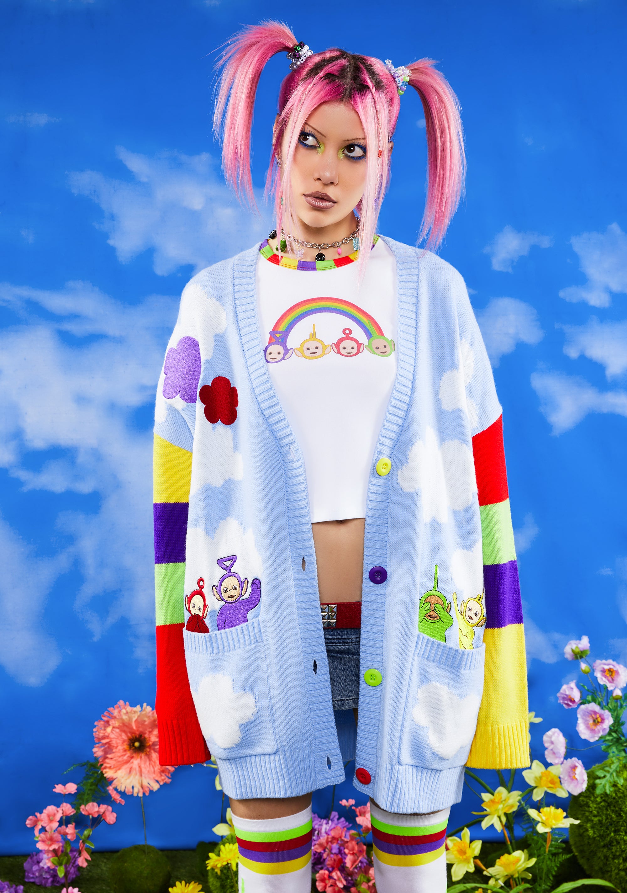 Dolls Kill x Teletubbies Rainbow Graphic Baby Tee - White