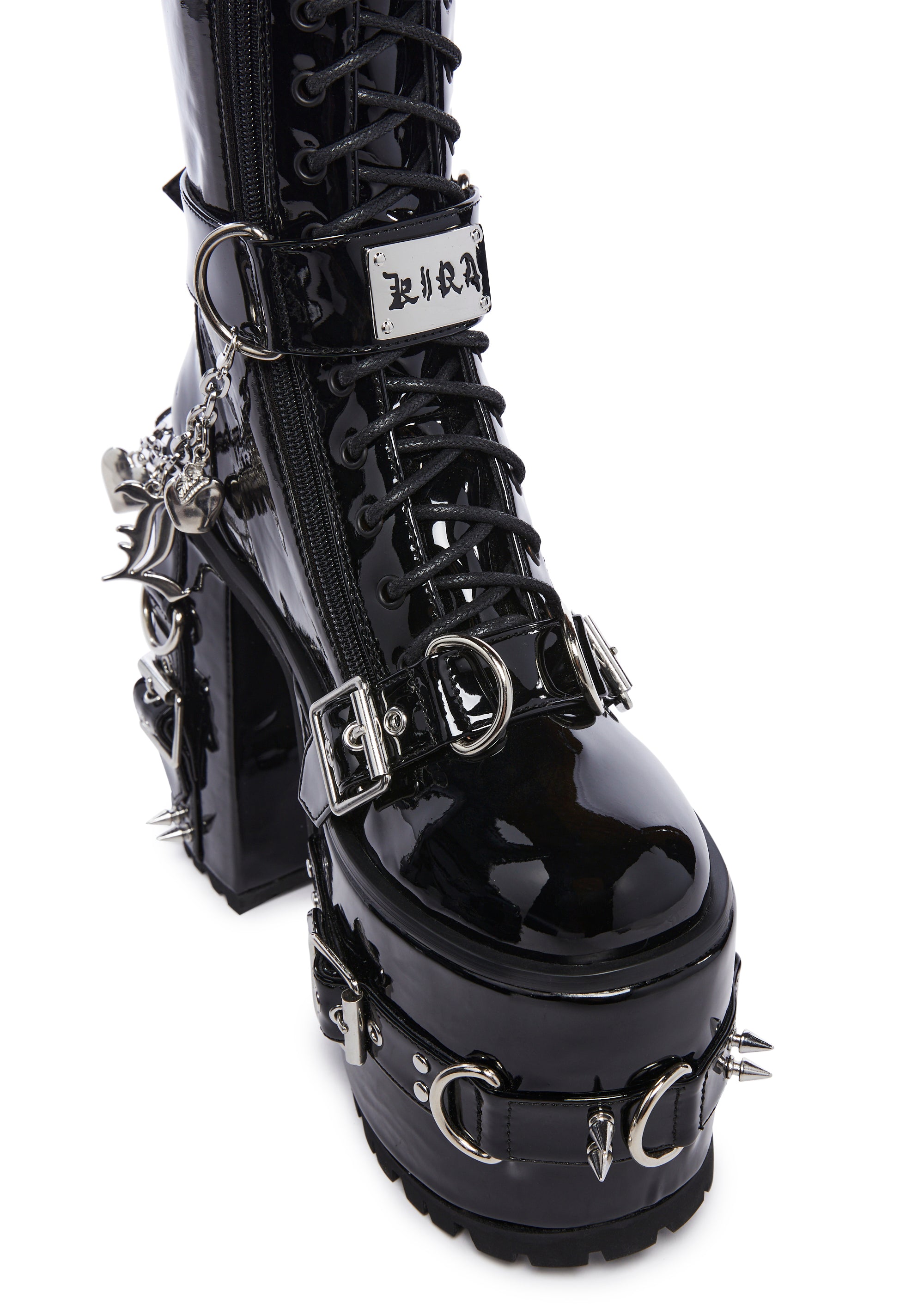 Dolls Kill x Death Note Stretchy Vinyl Platform Boots With Charm Bracelet Buckles Side Zip Closures Black