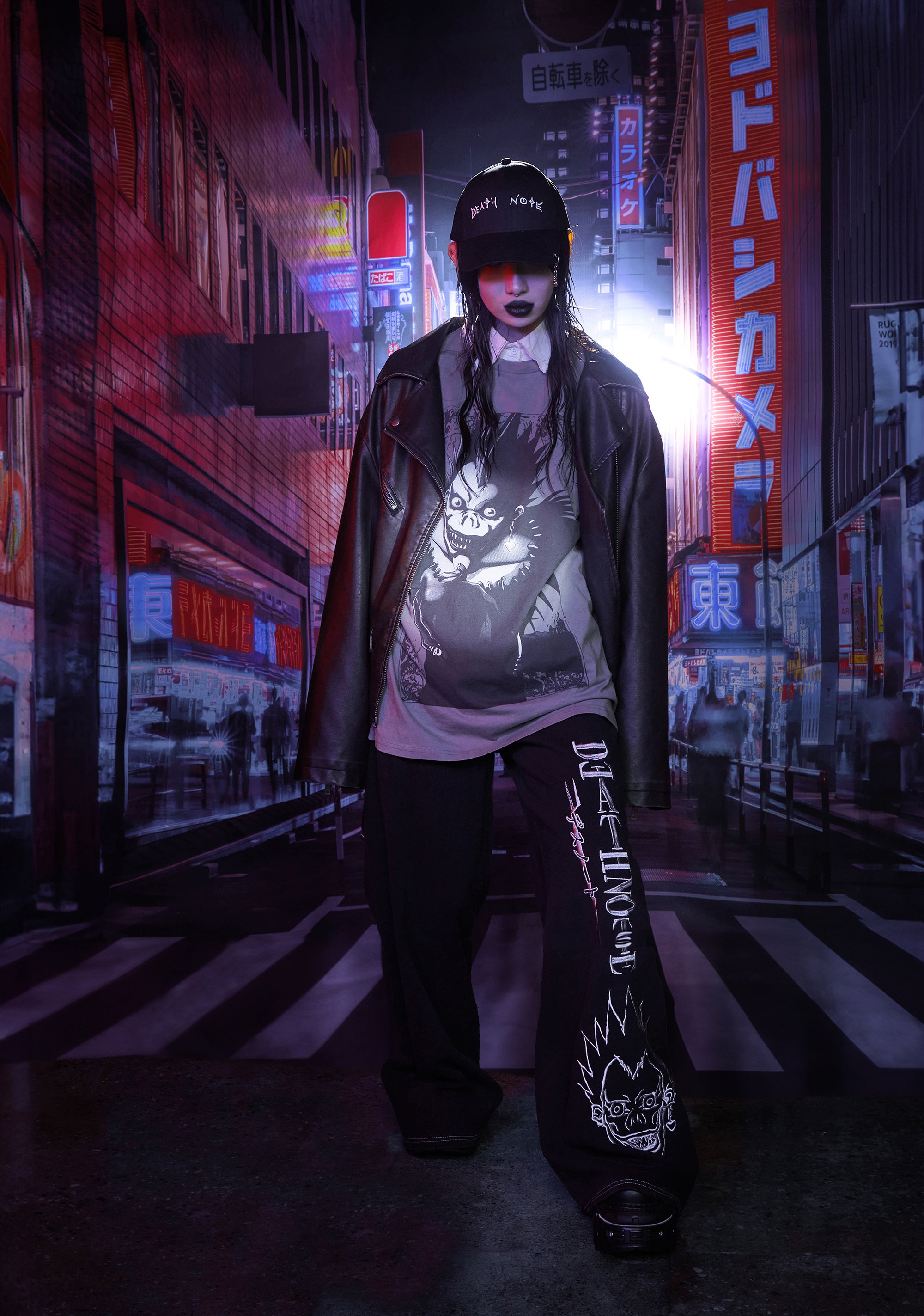 Dolls Kill x Death Note Ryuk Embroidered Wide Leg Pants Anime - Black