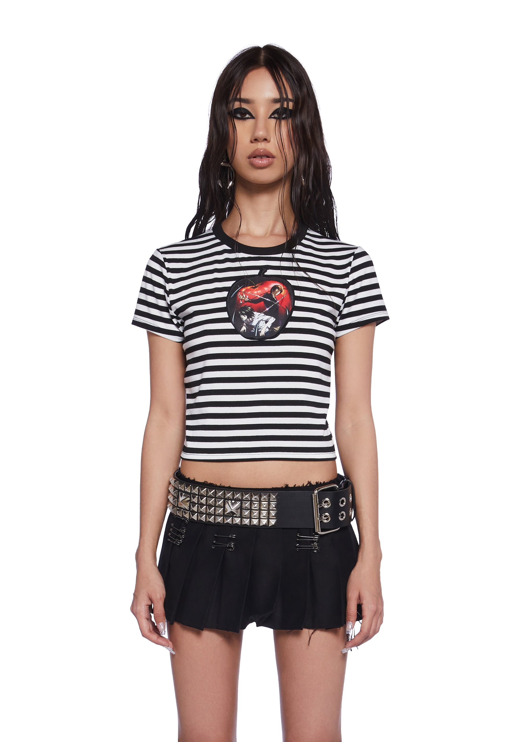 Dolls Kill x Death Note Light Yagami L Apple Ryuk Striped Baby Tee - Black