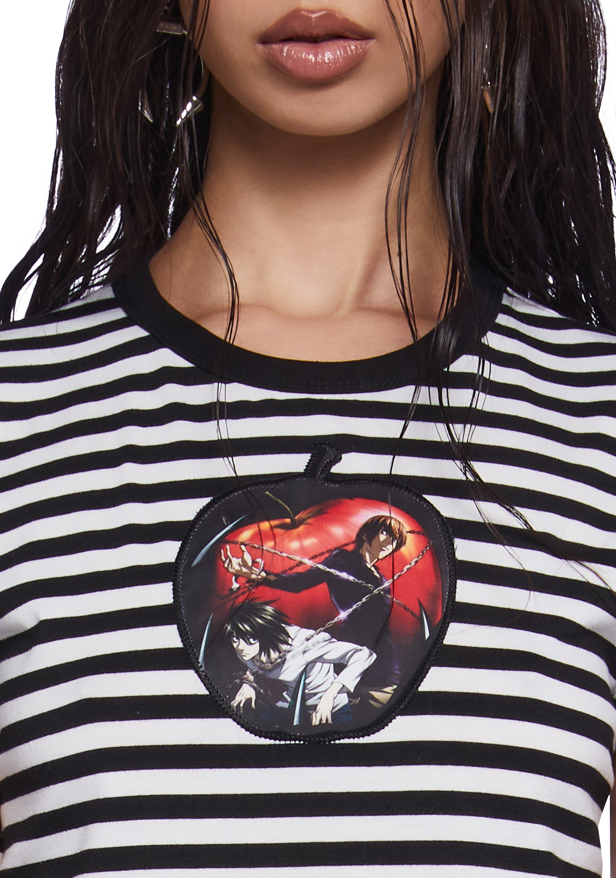 Dolls Kill x Death Note Light Yagami L Apple Ryuk Striped Baby Tee