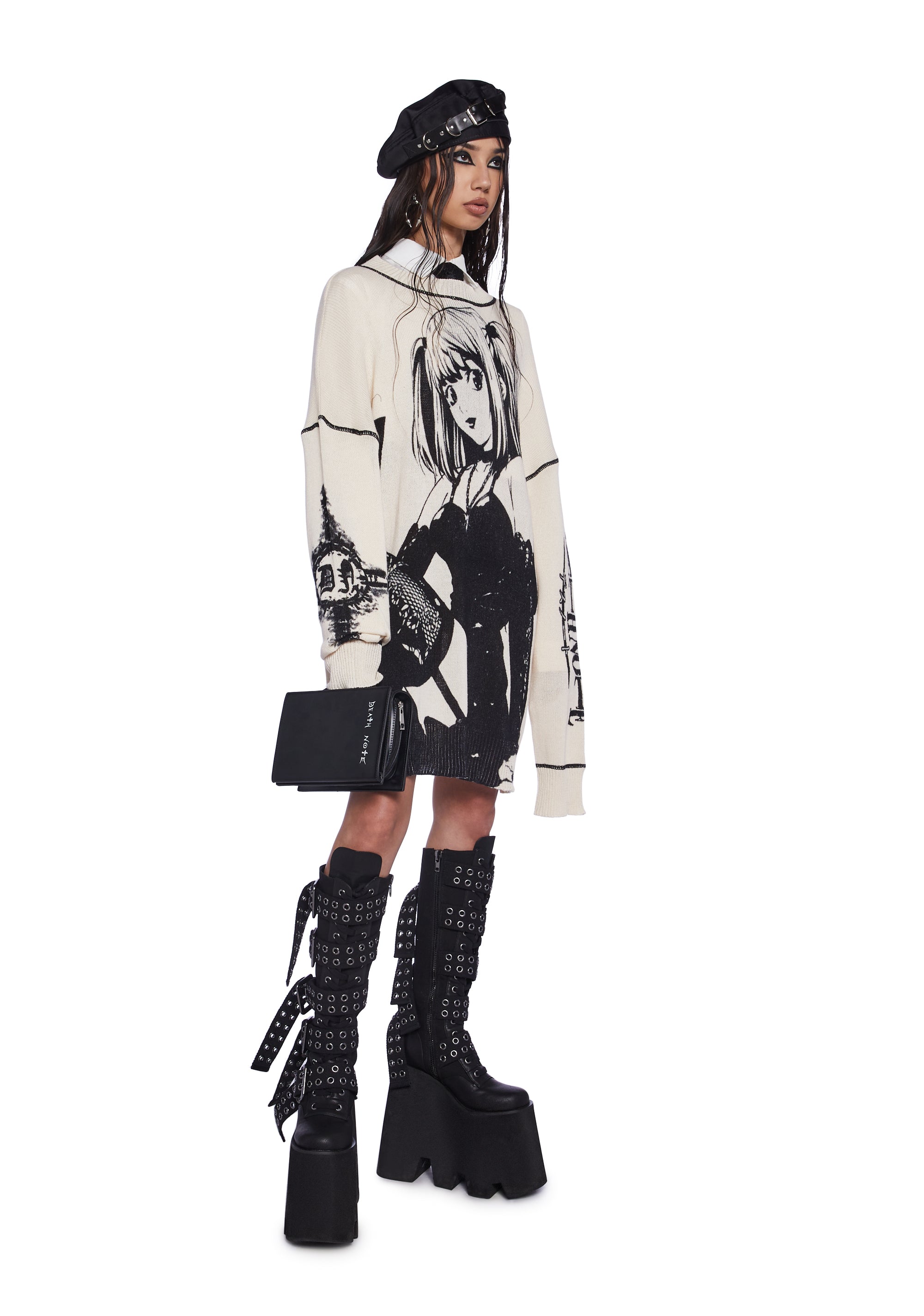 Dolls Kill x Death Note Misa Amane Pop Star Anime Oversized Knit Sweater Off White