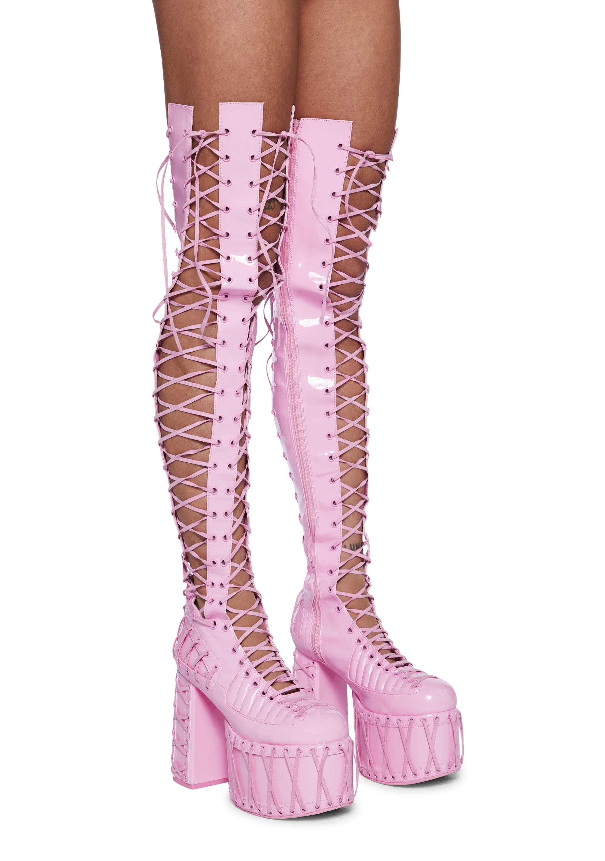 Club Exx Thigh High Lace Up Platform Boots Pink Dolls Kill